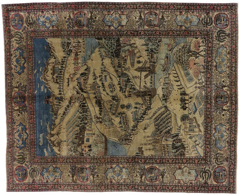 Distressed Antique Persian Tabriz Pictorial Rug with Cartouche Border For Sale 3