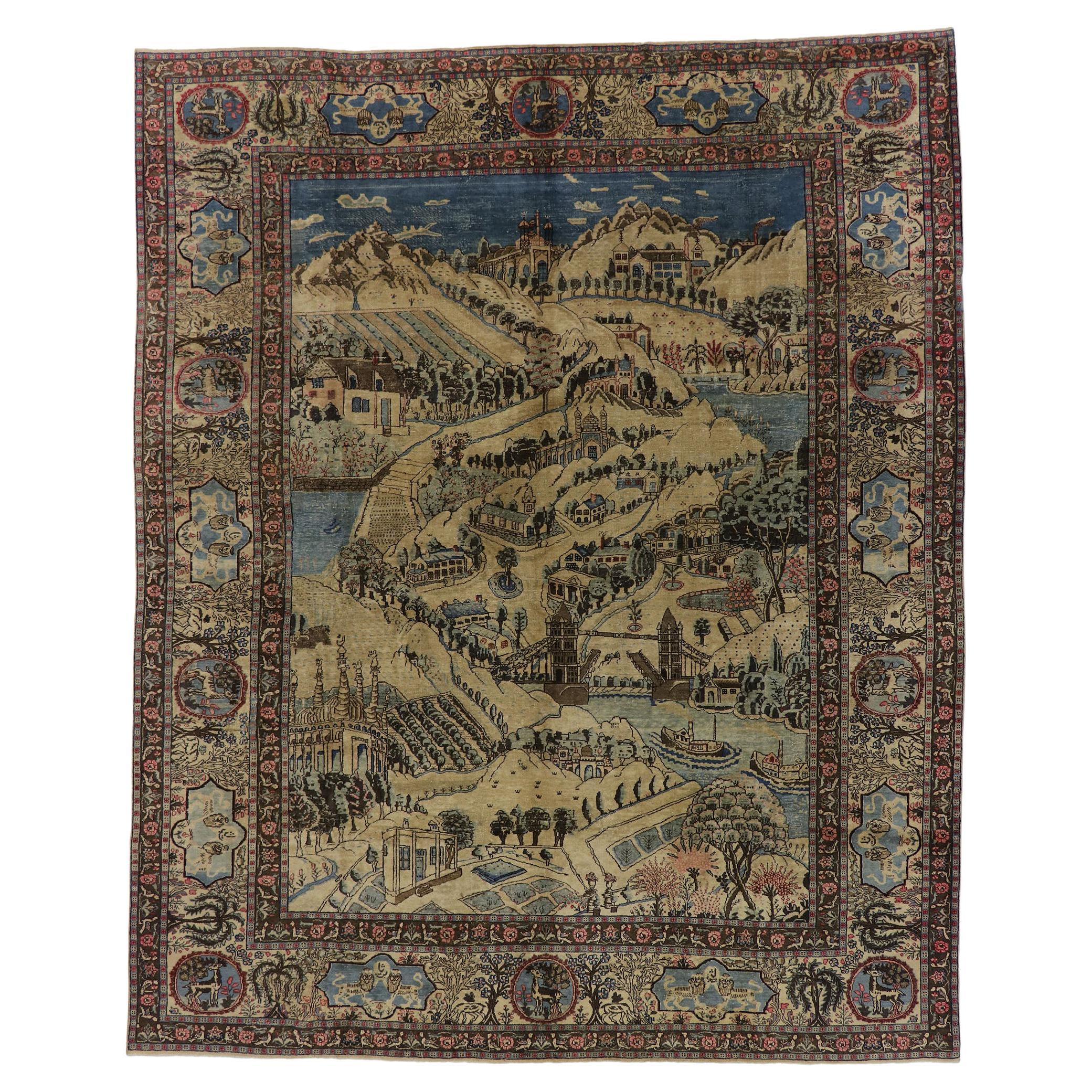 Distressed Antique Persian Tabriz Pictorial Rug with Cartouche Border