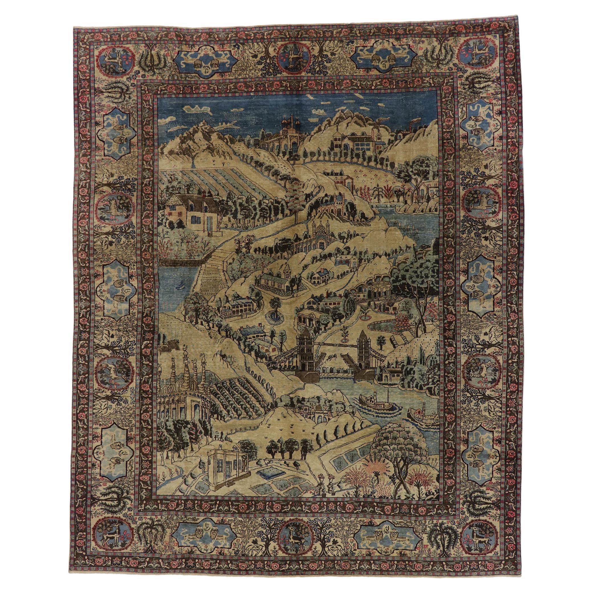 Tapis pictural persan ancien vieilli de Tabriz avec bordure en cartouche