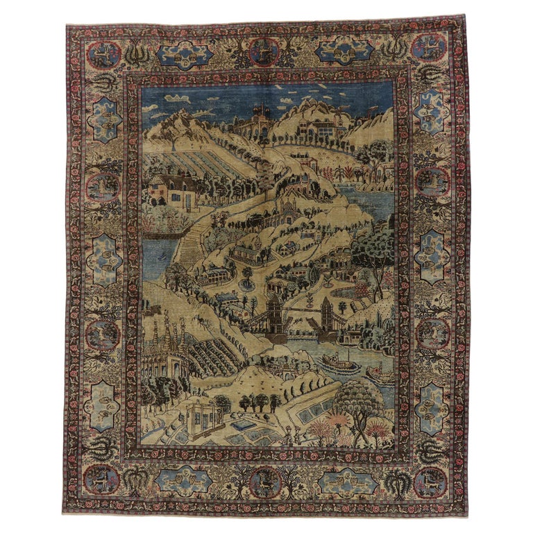Distressed Antique Persian Tabriz Pictorial Rug with Cartouche Border For Sale