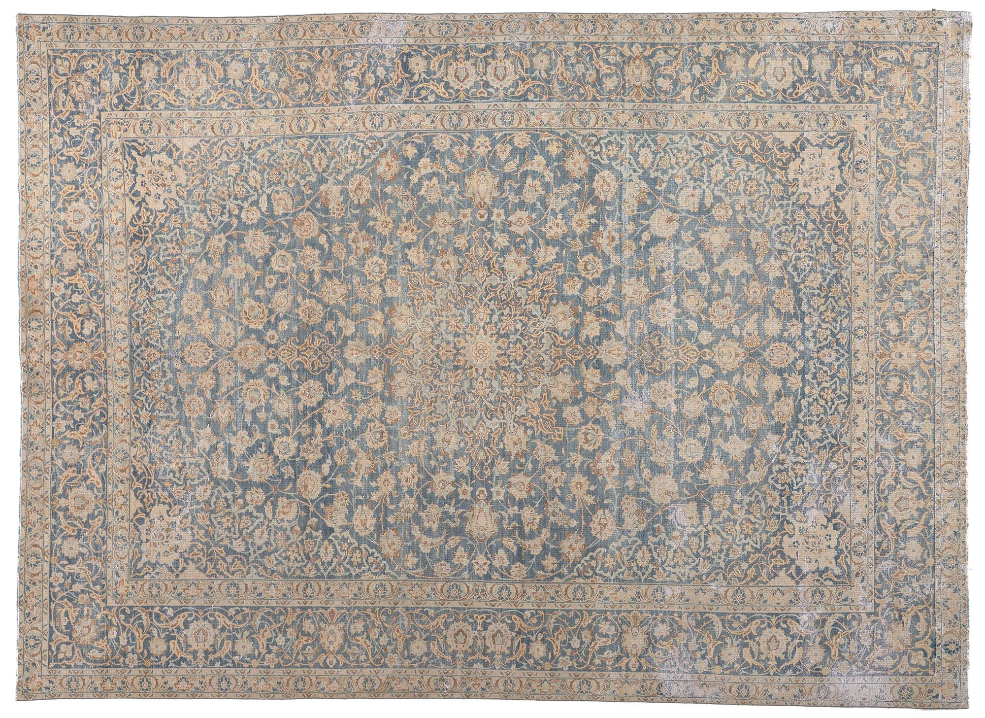 Distressed Antique Persian Tabriz Rug, Faded Soft Earth-Tone Colors For Sale 4