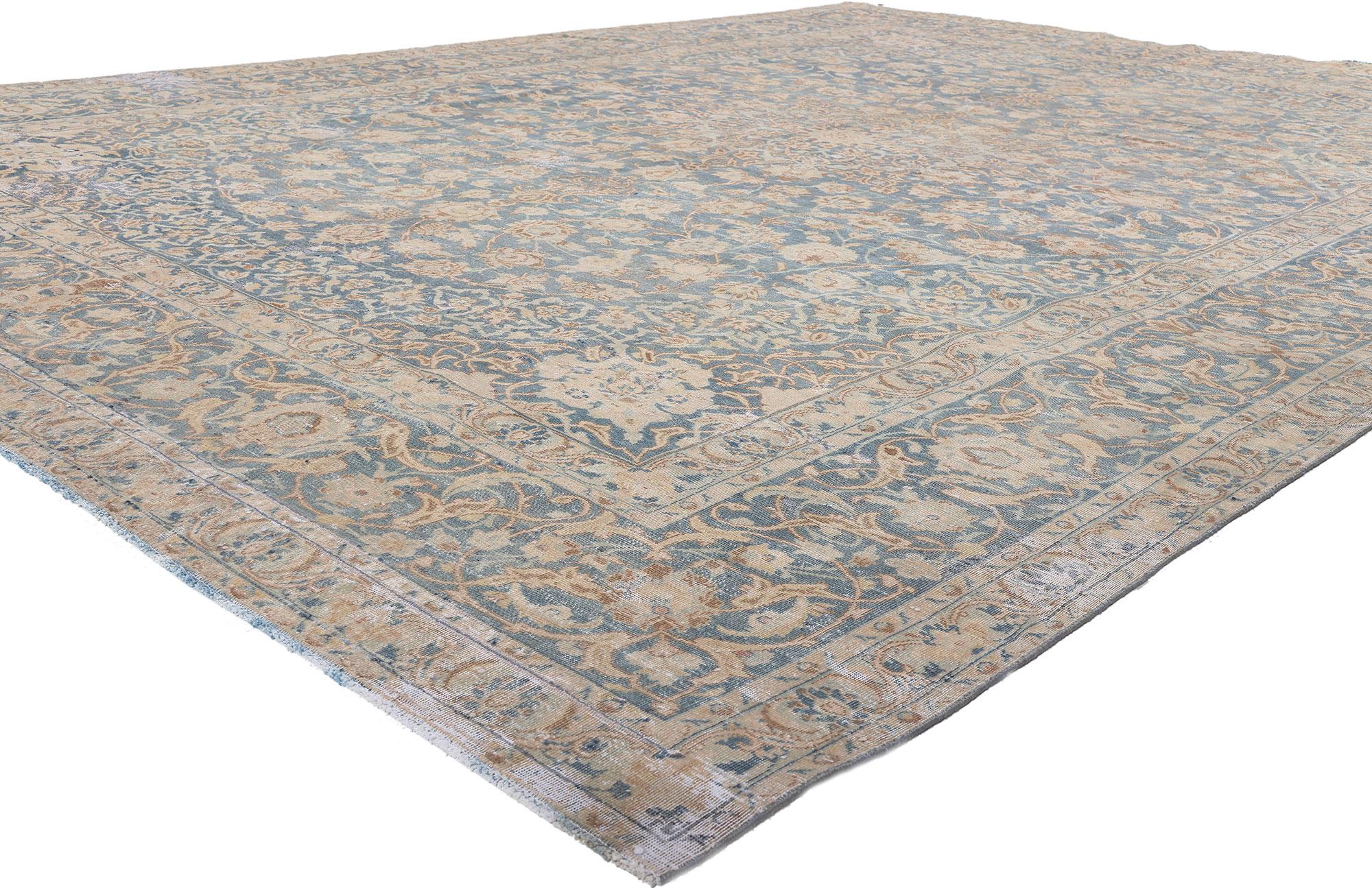 61244 Distressed Antique Persian Tabriz Rug, 08'09 x 12'00. 
Emulating understated elegance with incredible detail and texture, this hand knotted wool distressed antique Persian Tabriz rug is a captivating vision of woven beauty. The intricate