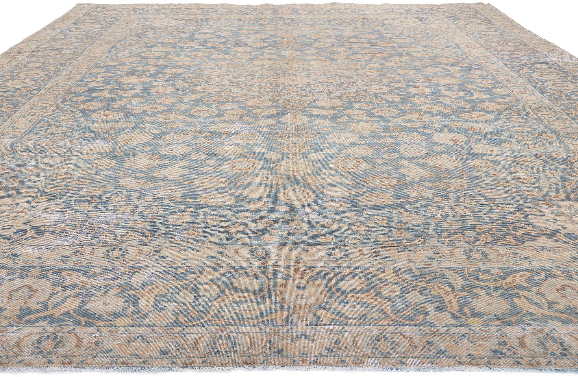 Hand-Knotted Distressed Antique Persian Tabriz Rug, Faded Soft Earth-Tone Colors For Sale