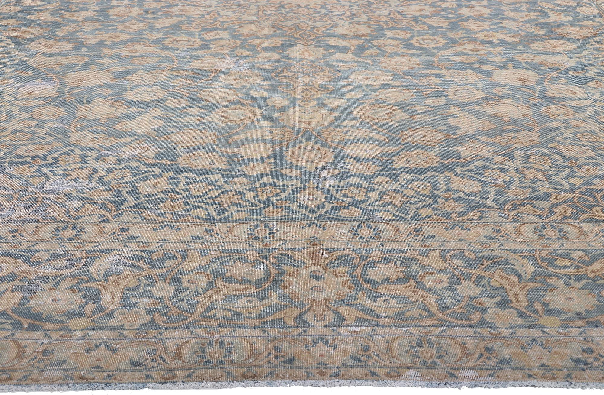 Distressed Antique Persian Tabriz Rug, Faded Soft Earth-Tone Colors In Distressed Condition For Sale In Dallas, TX