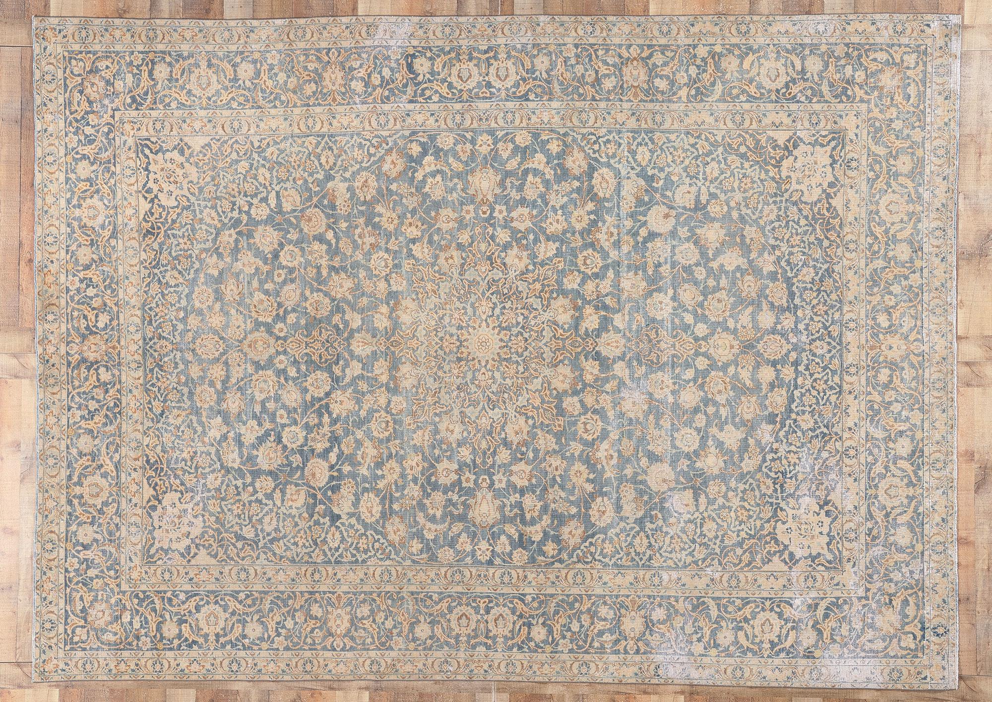 Distressed Antique Persian Tabriz Rug, Faded Soft Earth-Tone Colors For Sale 3