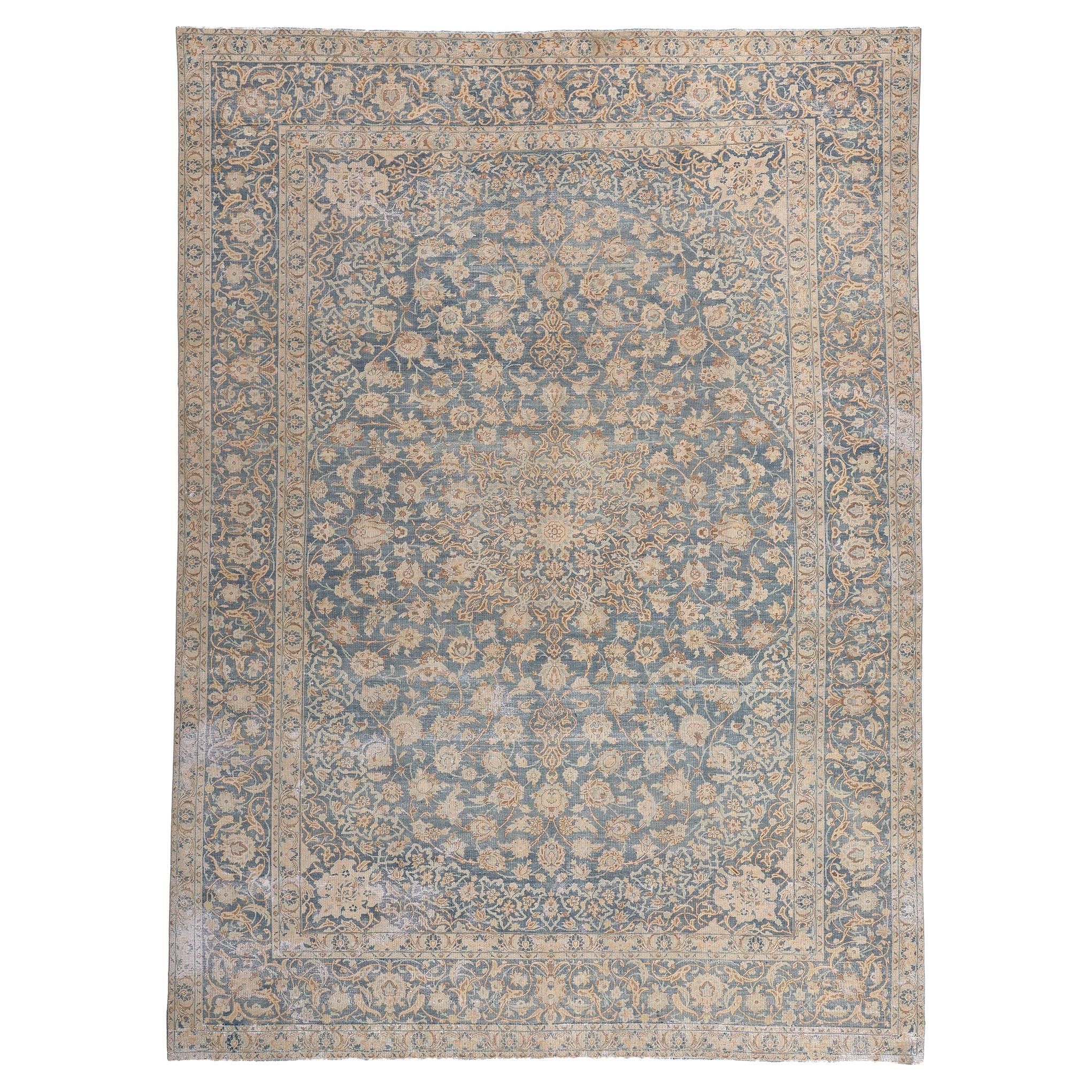 Distressed Antique Persian Tabriz Rug, Faded Soft Earth-Tone Colors