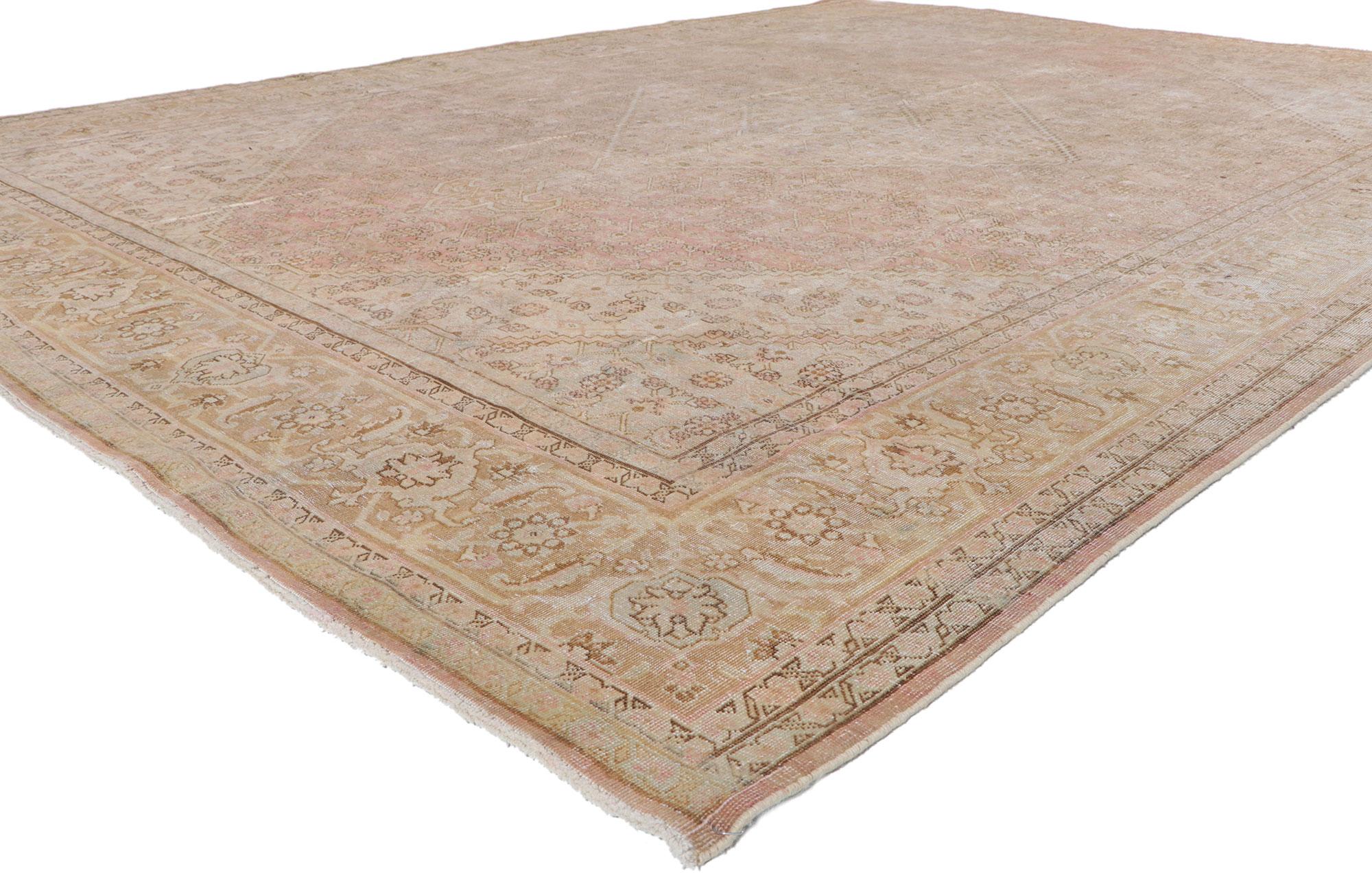 61103 Distressed Antique Persian Tabriz Rug, 08'10 x 09'10.

Discover the perfect union of weathered finesse and laid-back luxury in this hand-knotted wool distressed antique Persian Tabriz rug. Embracing the essence of rustic simplicity, the faded