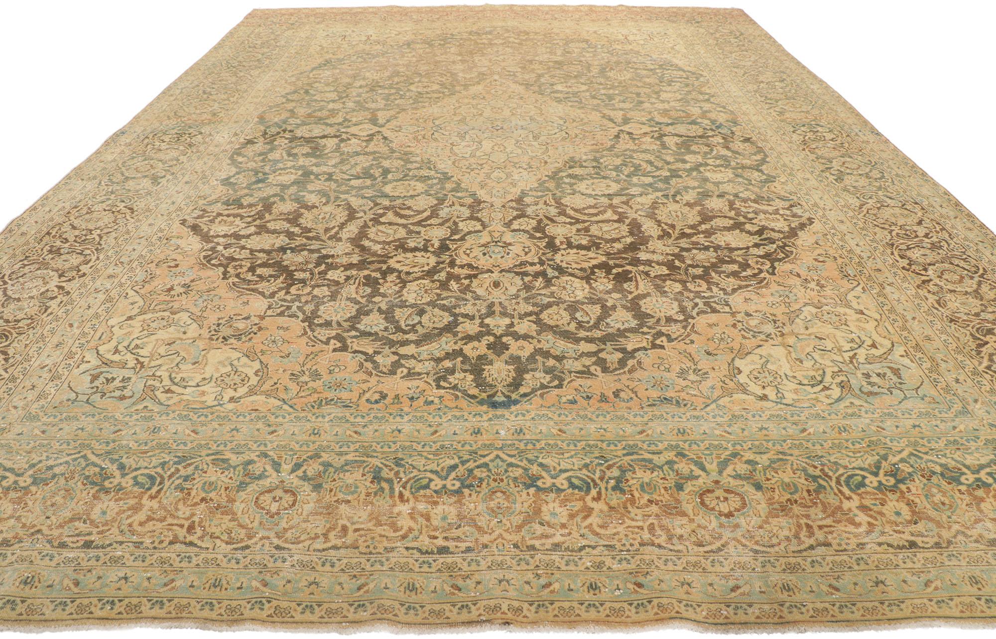 Hand-Knotted Antique Persian Tabriz Rug, Earth-Tone Elegance Meets Rustic Sensibility For Sale