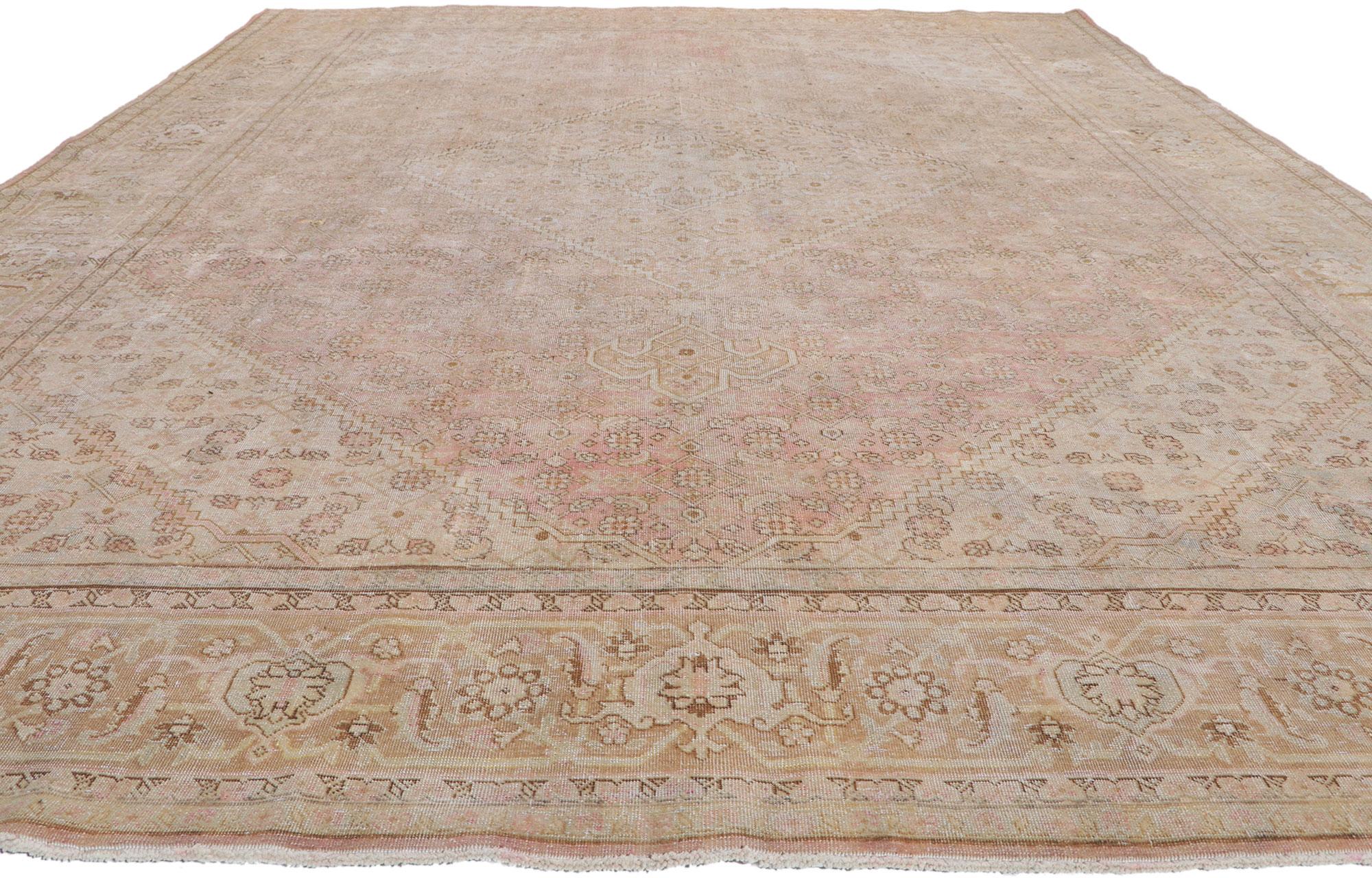 Hand-Knotted Distressed Antique Persian Tabriz Rug, Weathered Finesse Meets Laid-Back Luxury For Sale