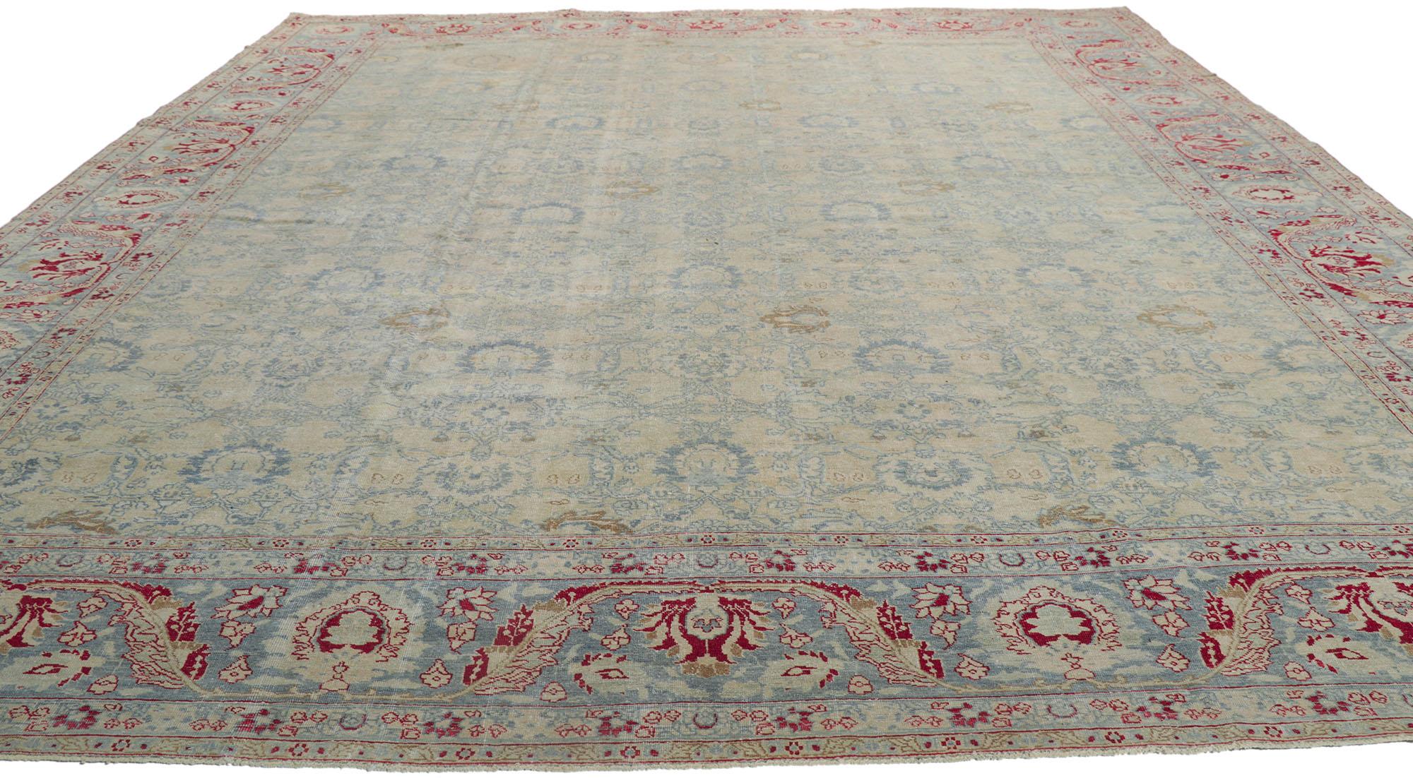Antique-Worn Persian Tabriz Rug, Weathered Finesse Meets Patriotic Flair In Distressed Condition For Sale In Dallas, TX