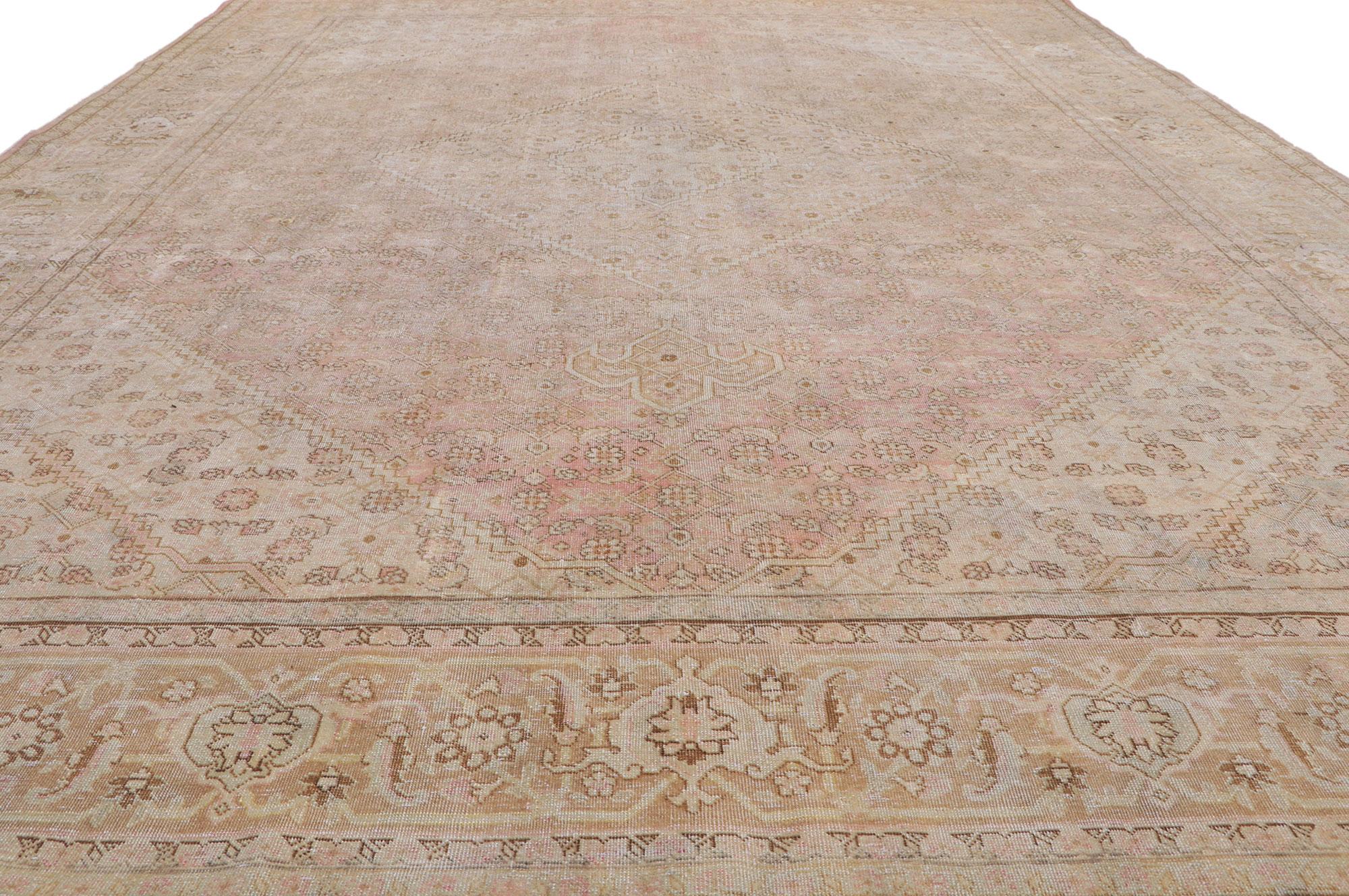 Distressed Antique Persian Tabriz Rug, Weathered Finesse Meets Laid-Back Luxury In Distressed Condition For Sale In Dallas, TX