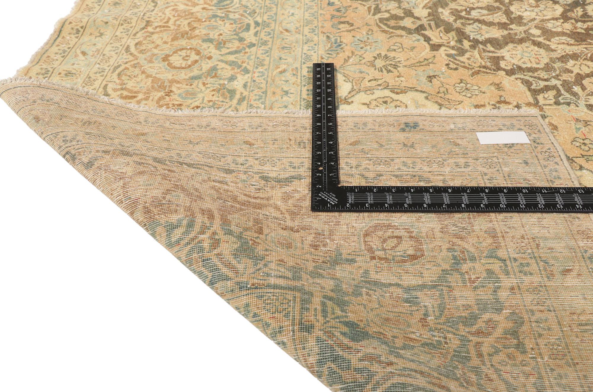 20th Century Antique Persian Tabriz Rug, Earth-Tone Elegance Meets Rustic Sensibility For Sale