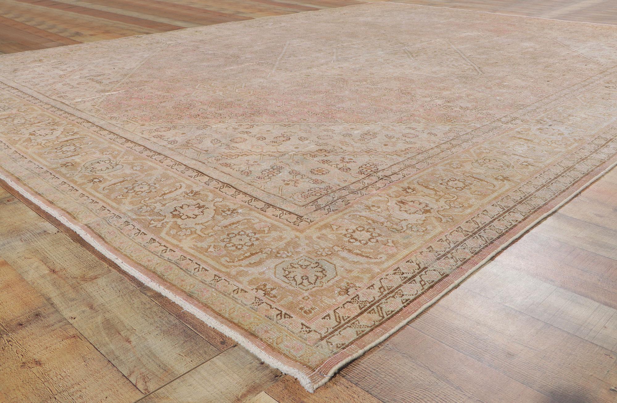 Wool Distressed Antique Persian Tabriz Rug, Weathered Finesse Meets Laid-Back Luxury For Sale