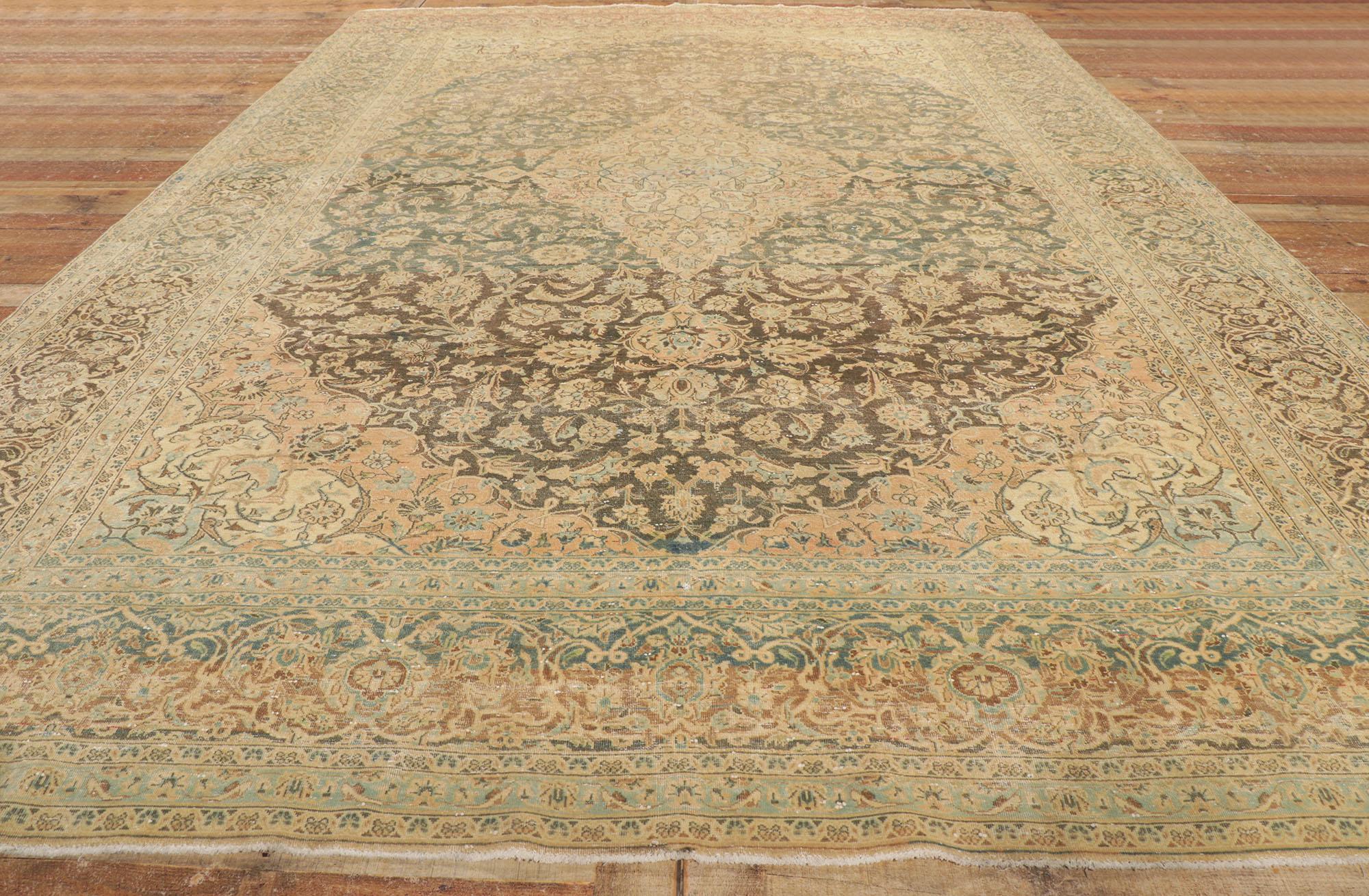 Antique Persian Tabriz Rug, Earth-Tone Elegance Meets Rustic Sensibility For Sale 1