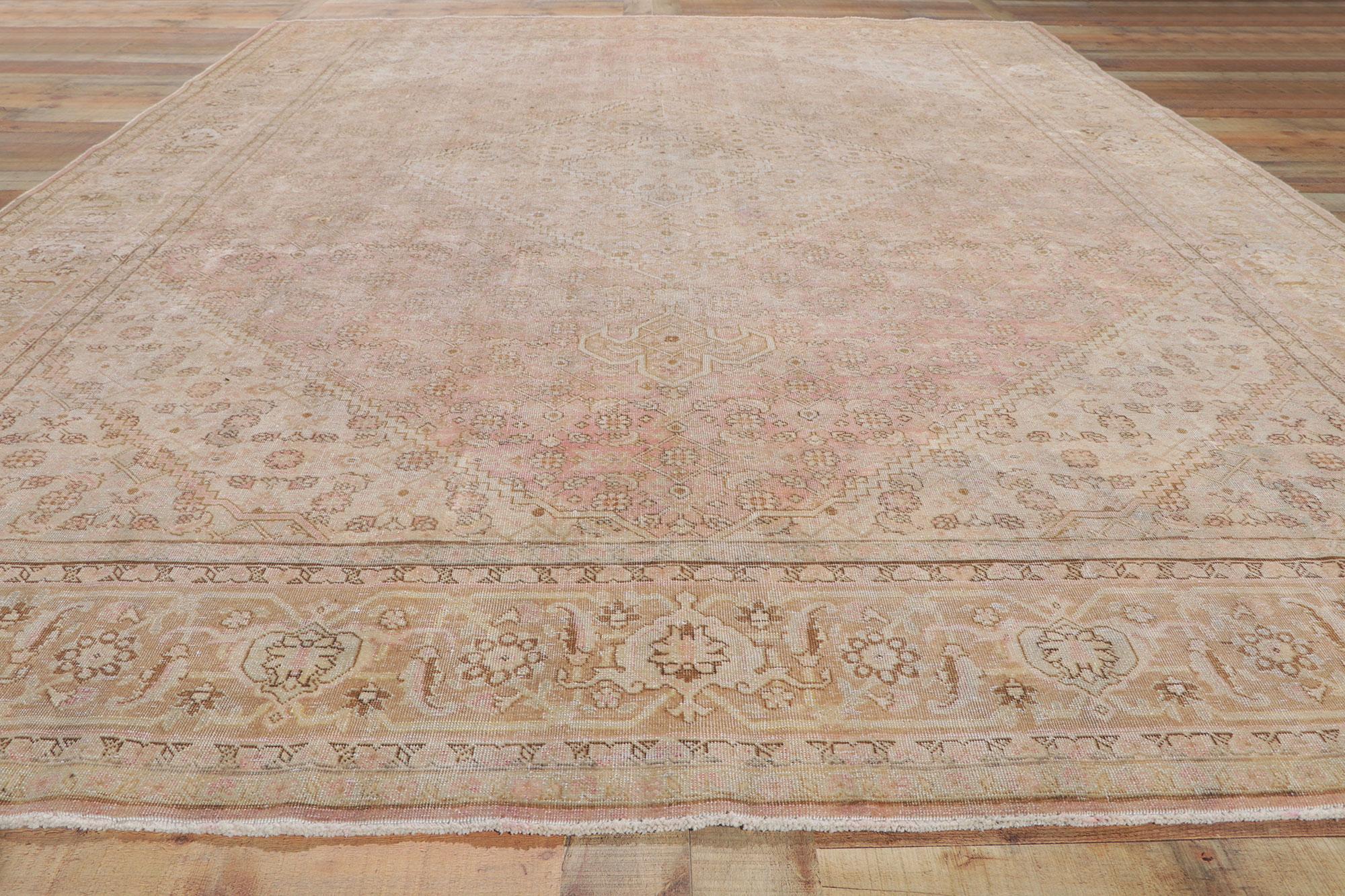 Distressed Antique Persian Tabriz Rug, Weathered Finesse Meets Laid-Back Luxury For Sale 1