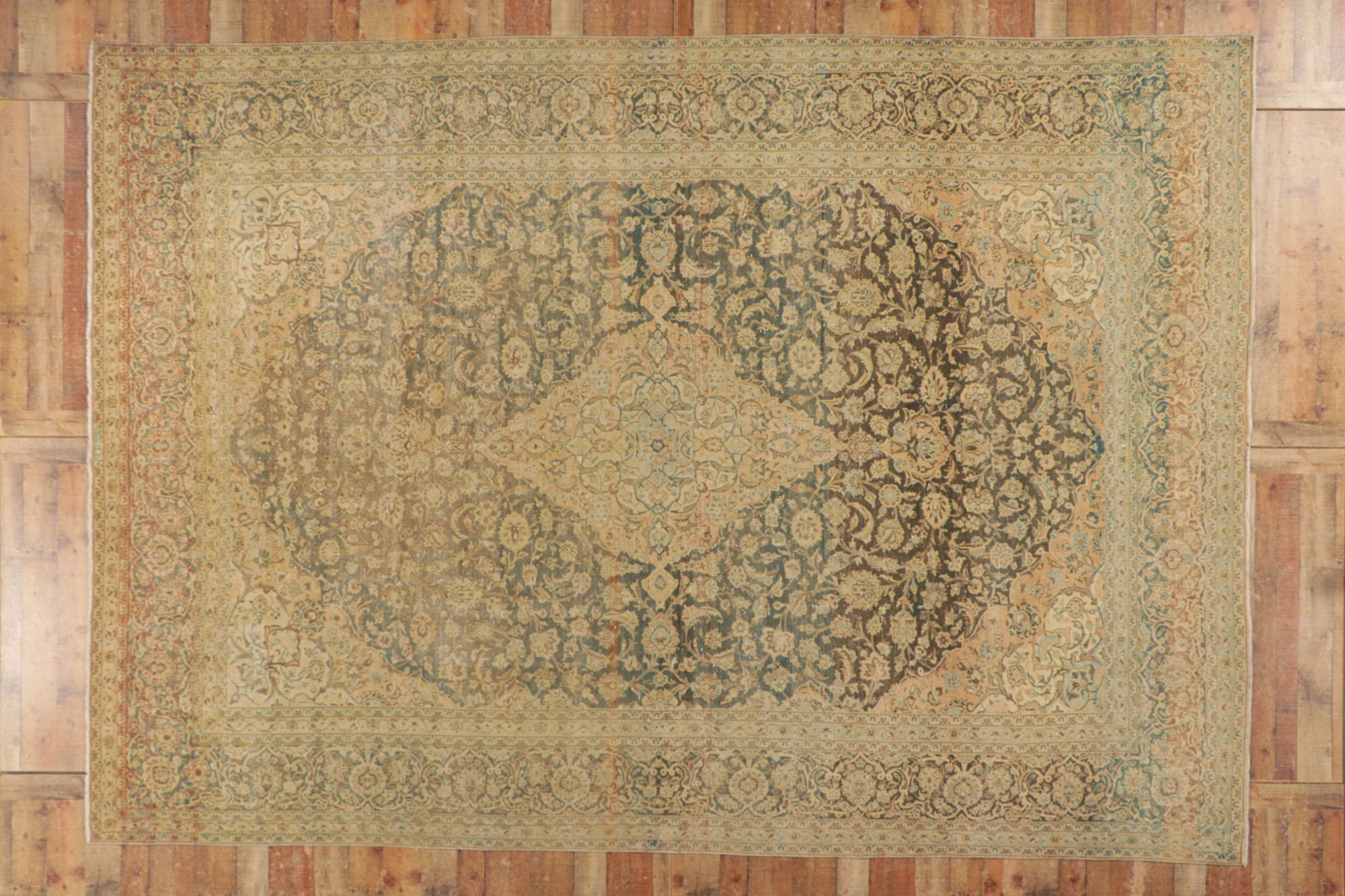 Antique Persian Tabriz Rug, Earth-Tone Elegance Meets Rustic Sensibility For Sale 2