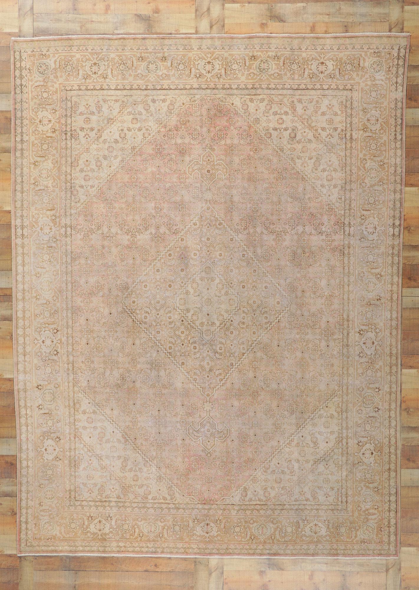 Distressed Antique Persian Tabriz Rug, Weathered Finesse Meets Laid-Back Luxury For Sale 2