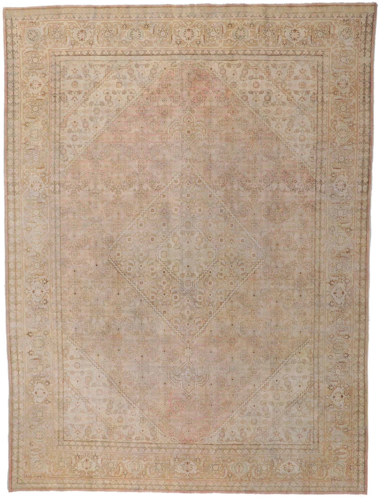 Distressed Antique Persian Tabriz Rug, Weathered Finesse Meets Laid-Back Luxury For Sale 3