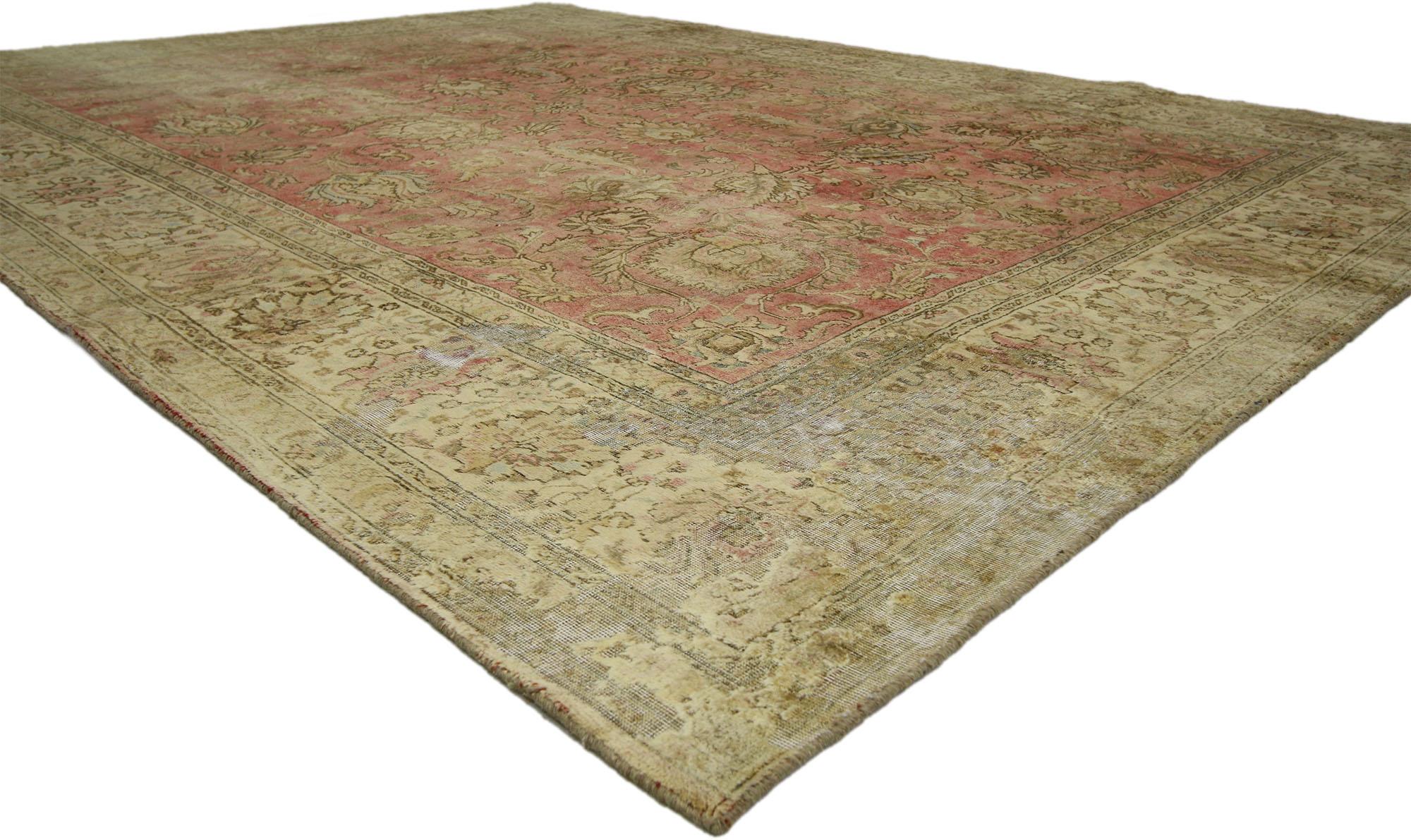 60779, distressed antique Persian Tabriz rug Industrial Rustic style. Melding sumptuous elegance and weathered beauty, this distressed antique Persian Tabriz rug is the epitome of a well-loved and classic style. This hand knotted wool antique
