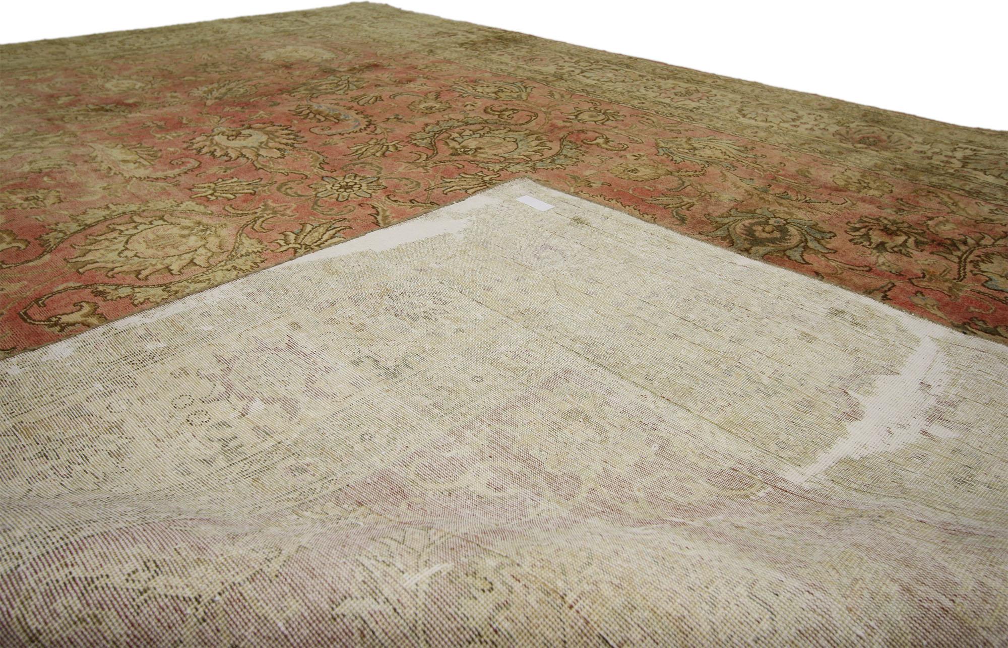 Hand-Knotted Distressed Antique Persian Tabriz Rug Industrial Rustic Style For Sale