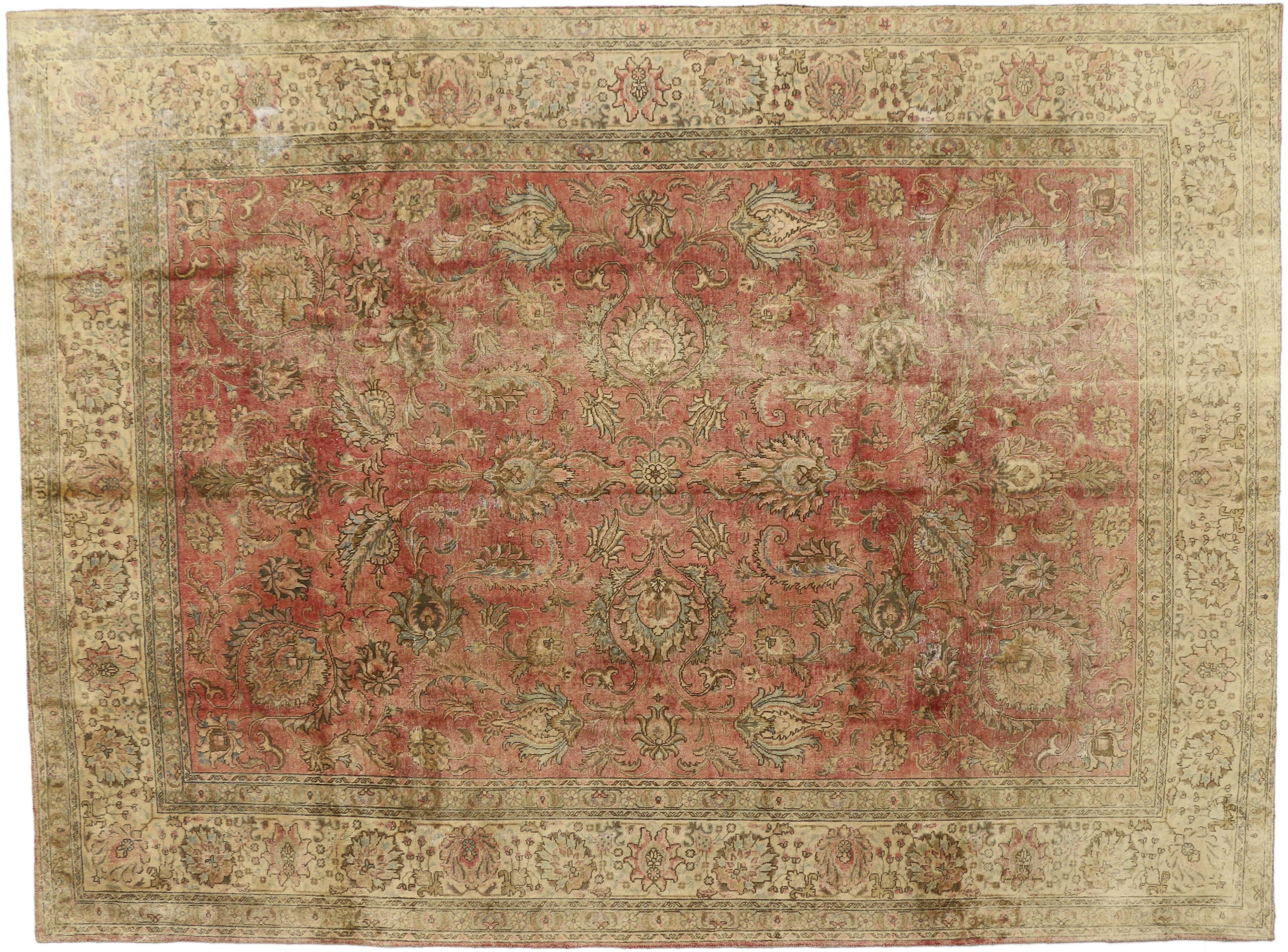 Distressed Antique Persian Tabriz Rug Industrial Rustic Style In Distressed Condition For Sale In Dallas, TX