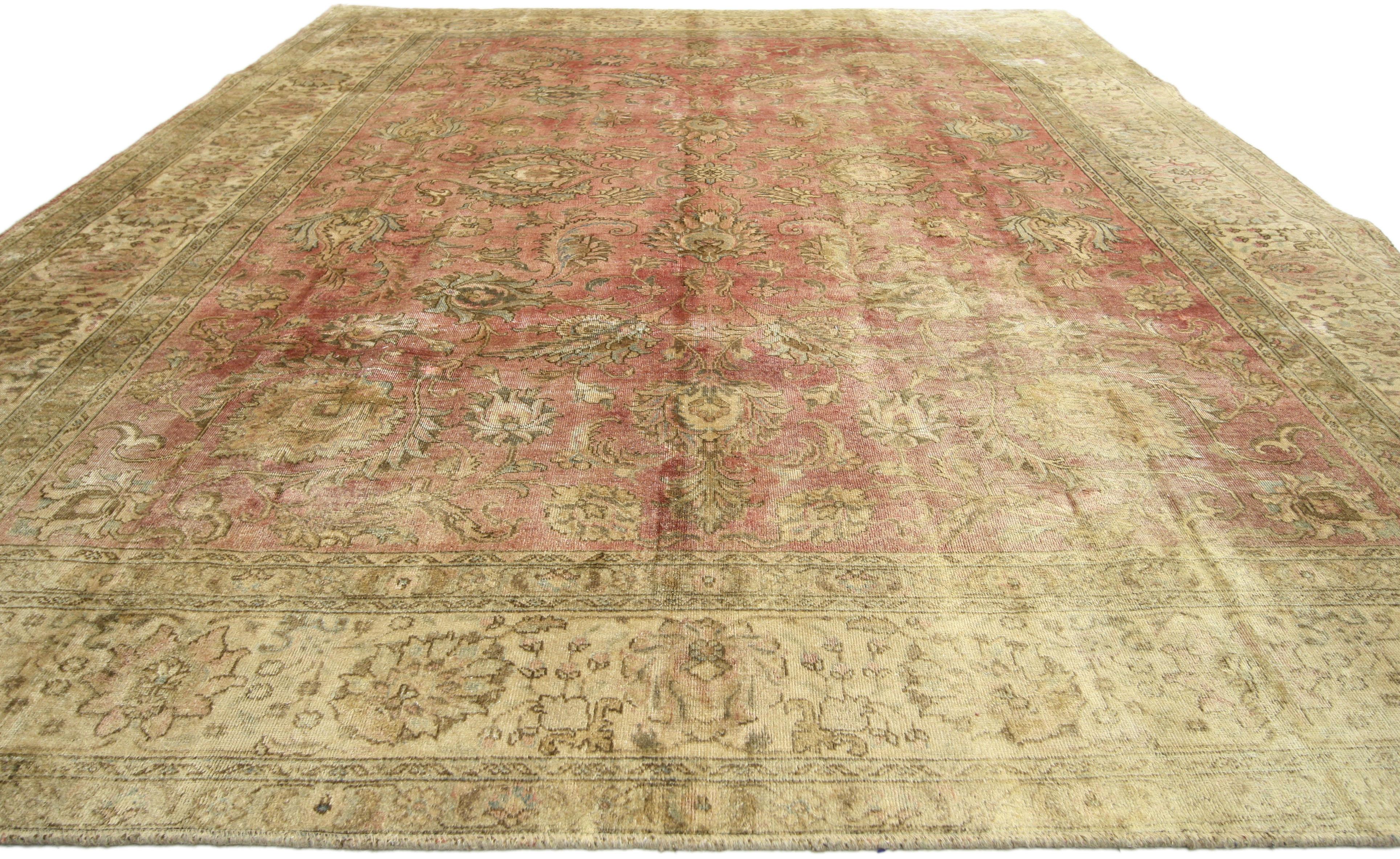 Wool Distressed Antique Persian Tabriz Rug Industrial Rustic Style For Sale