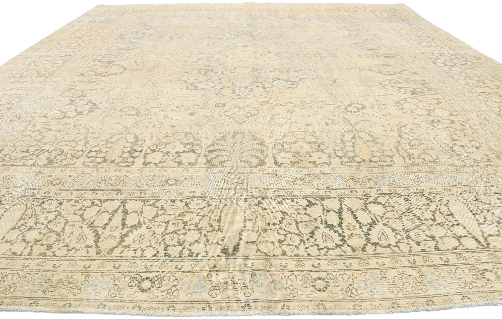 Hand-Knotted Distressed Antique Persian Tabriz Rug, Cozy Cotswolds Meets Rustic Luxe For Sale