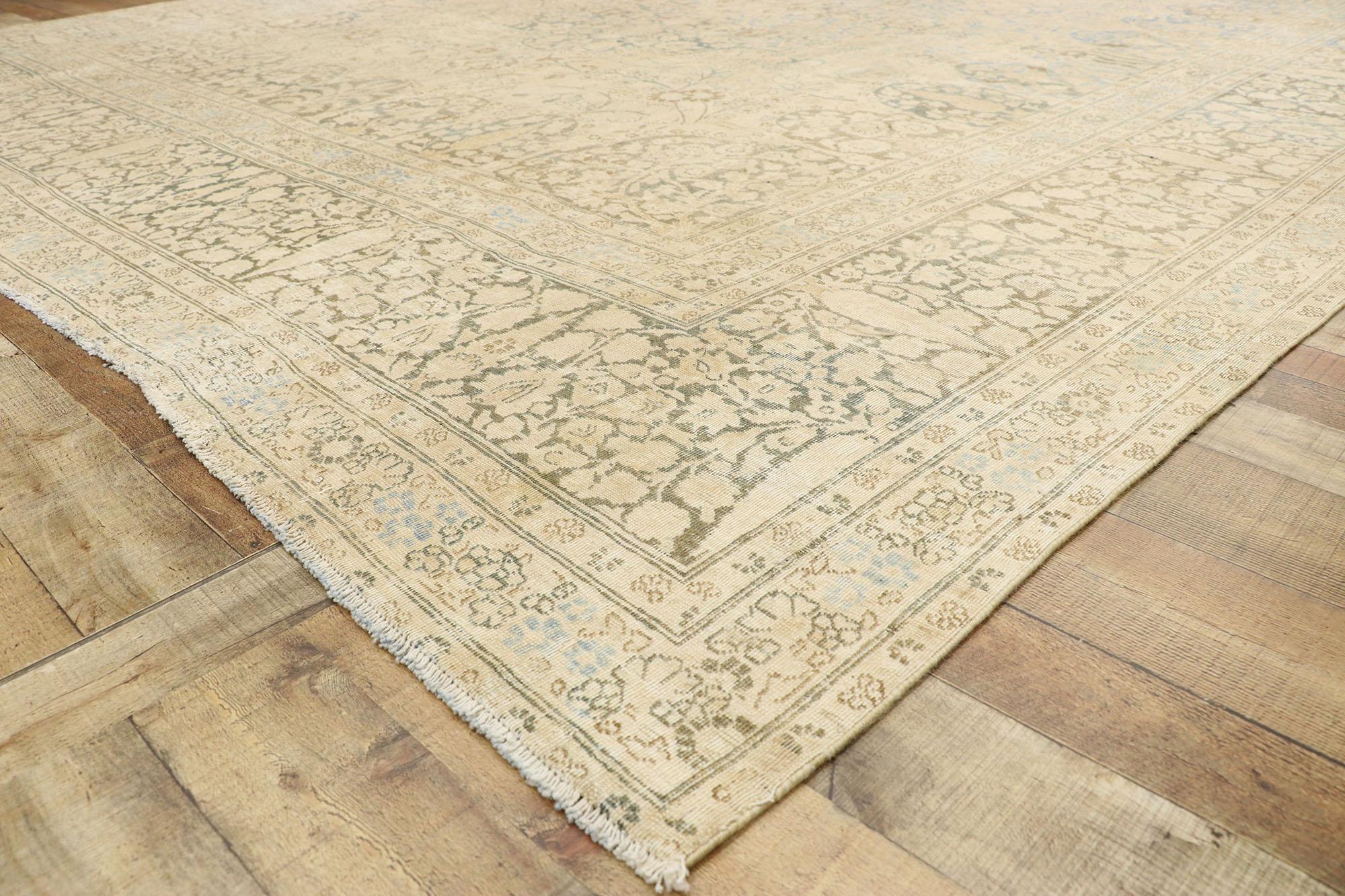 Wool Distressed Antique Persian Tabriz Rug, Cozy Cotswolds Meets Rustic Luxe For Sale