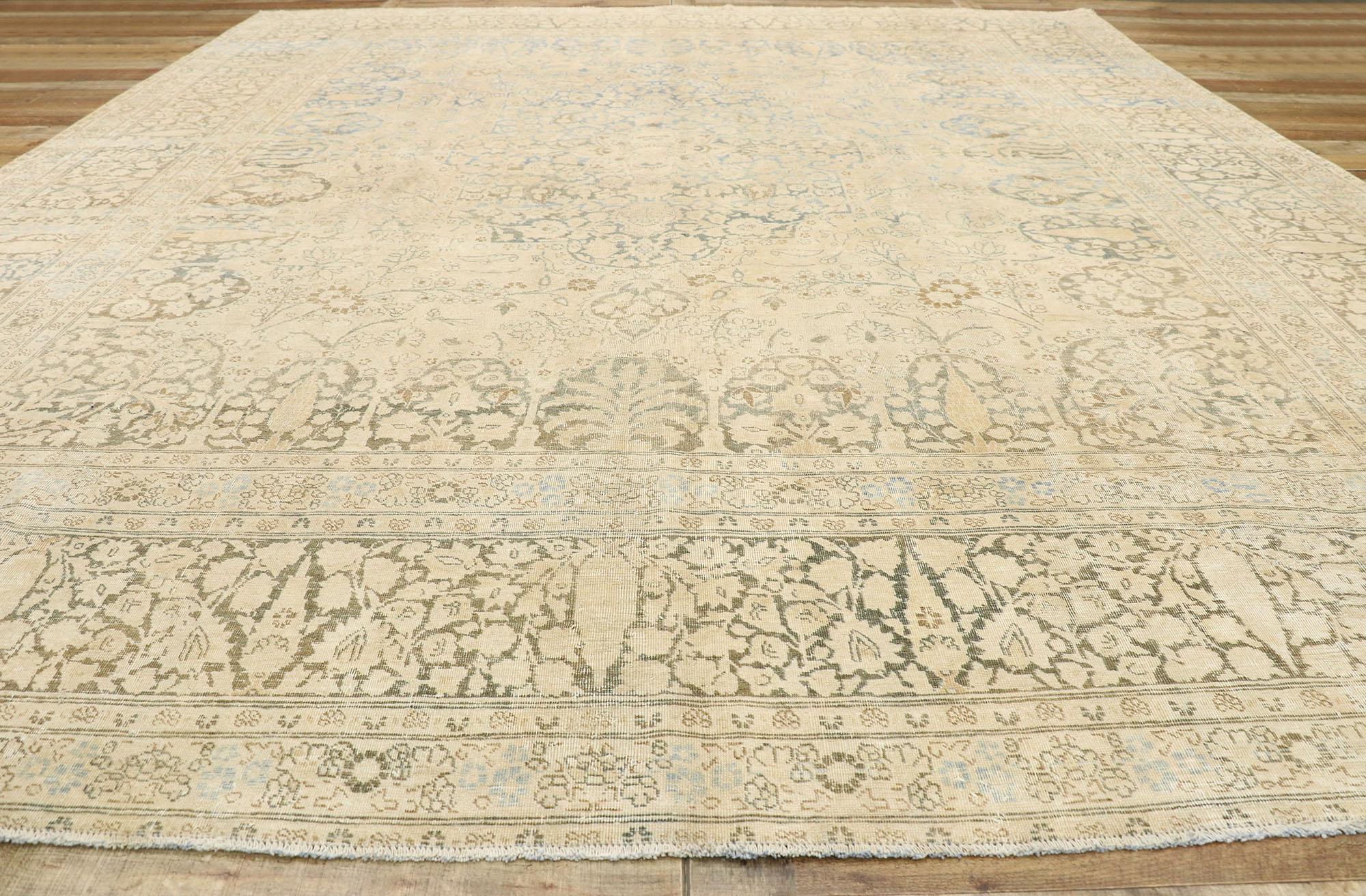 Distressed Antique Persian Tabriz Rug, Cozy Cotswolds Meets Rustic Luxe For Sale 1
