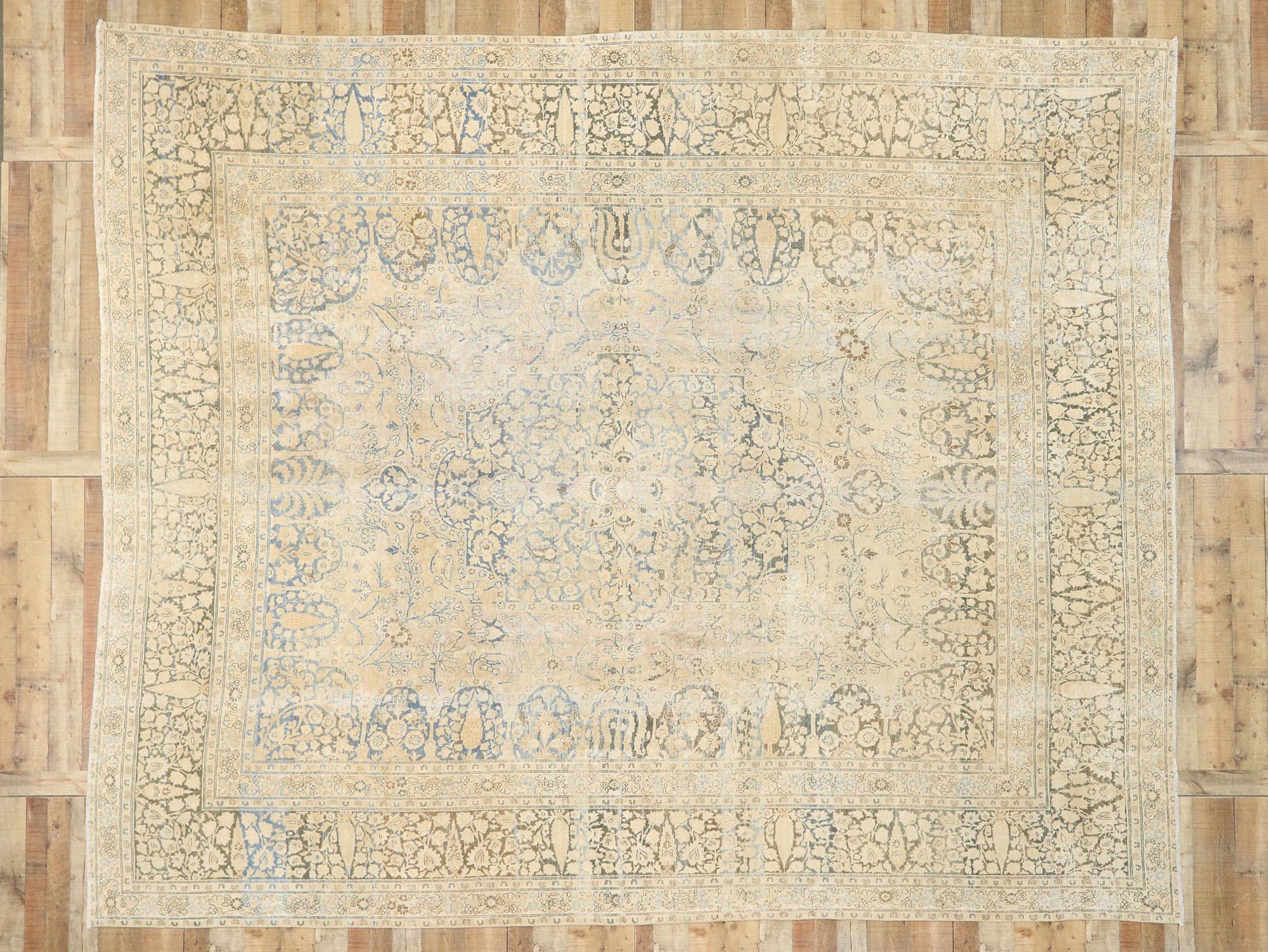 Distressed Antique Persian Tabriz Rug, Cozy Cotswolds Meets Rustic Luxe For Sale 2