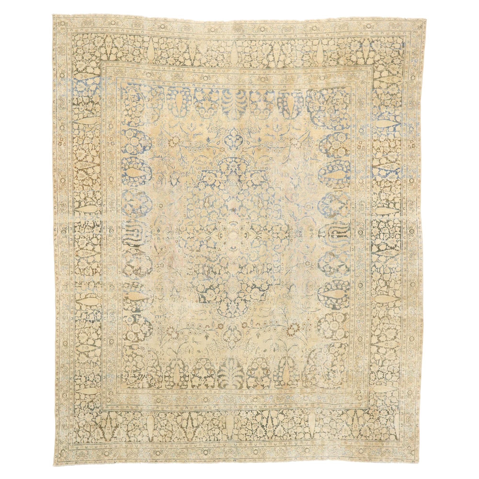 Distressed Antique Persian Tabriz Rug, Cozy Cotswolds Meets Rustic Luxe