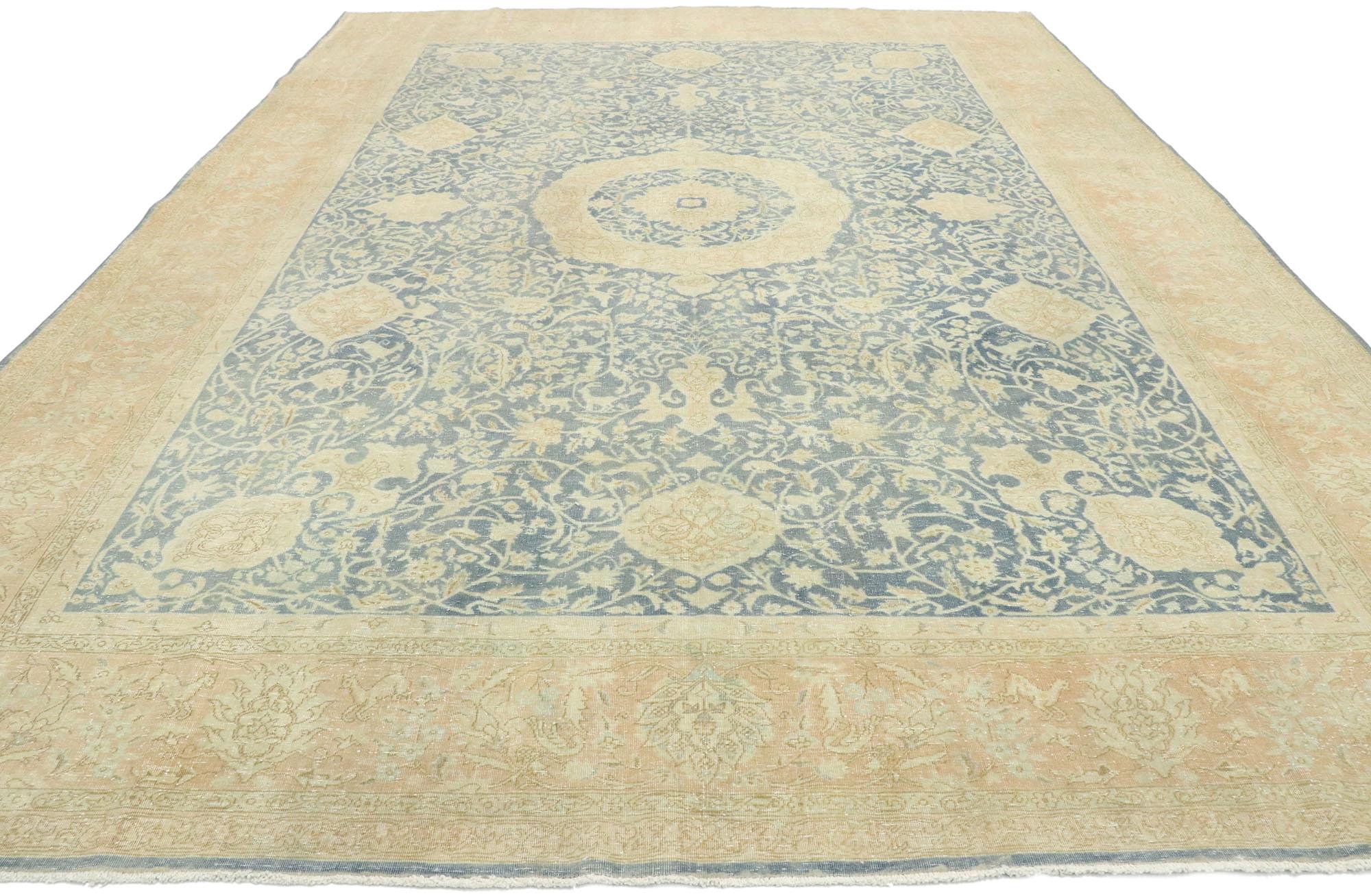 Hand-Knotted Distressed Antique Persian Tabriz Rug with English Chintz Style For Sale