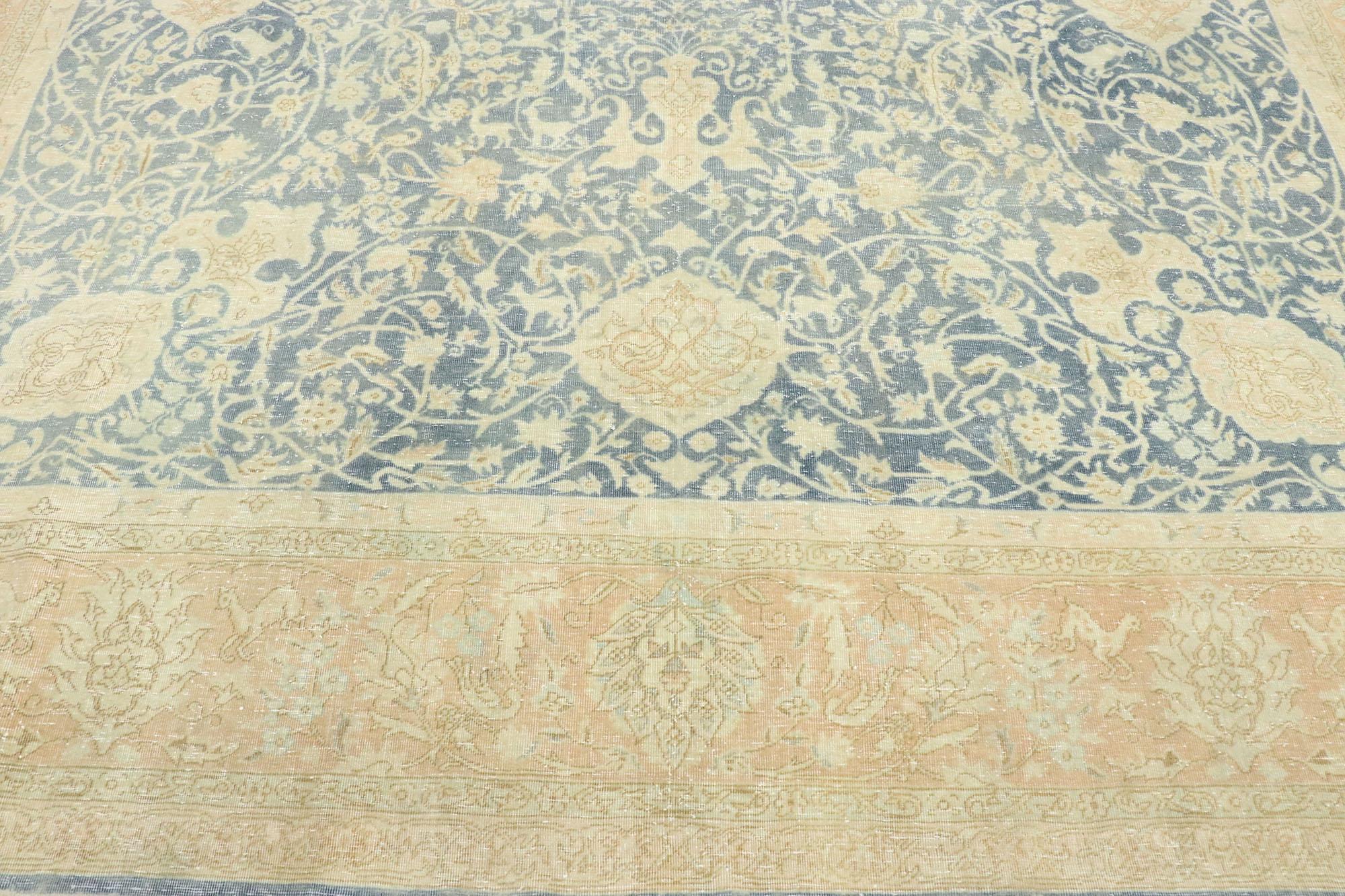 Distressed Antique Persian Tabriz Rug with English Chintz Style In Distressed Condition For Sale In Dallas, TX