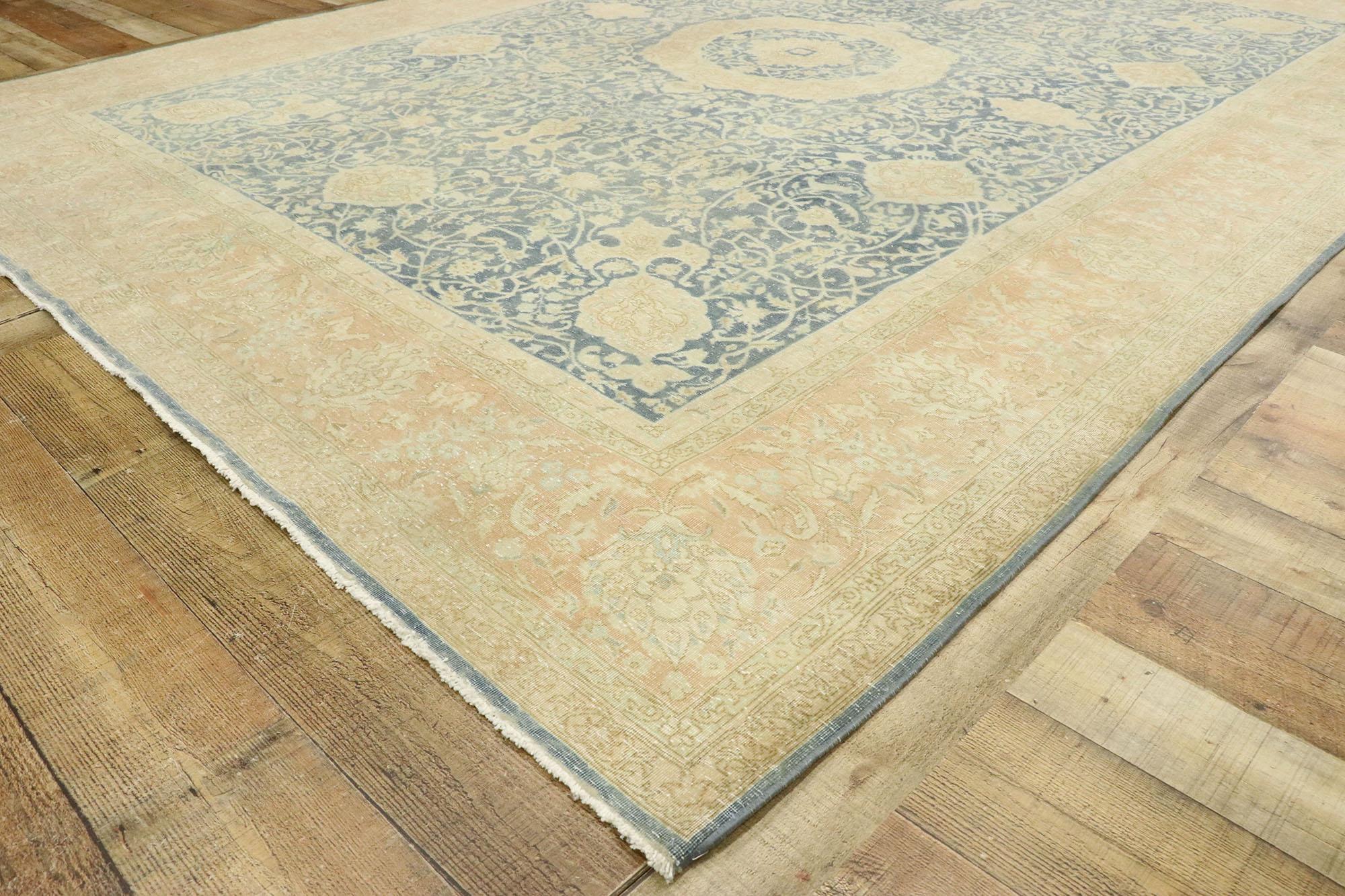 Wool Distressed Antique Persian Tabriz Rug with English Chintz Style For Sale