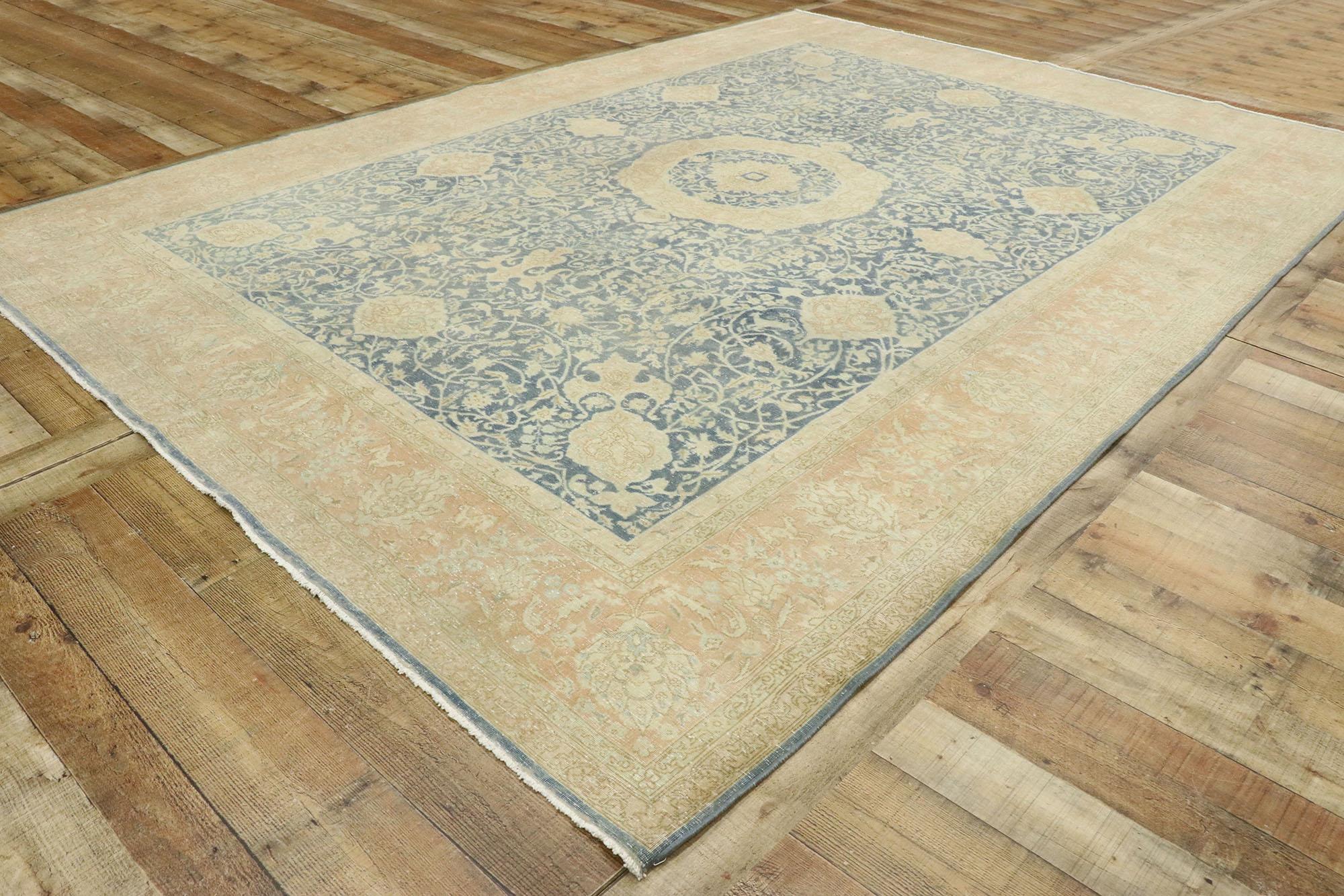 Distressed Antique Persian Tabriz Rug with English Chintz Style For Sale 1