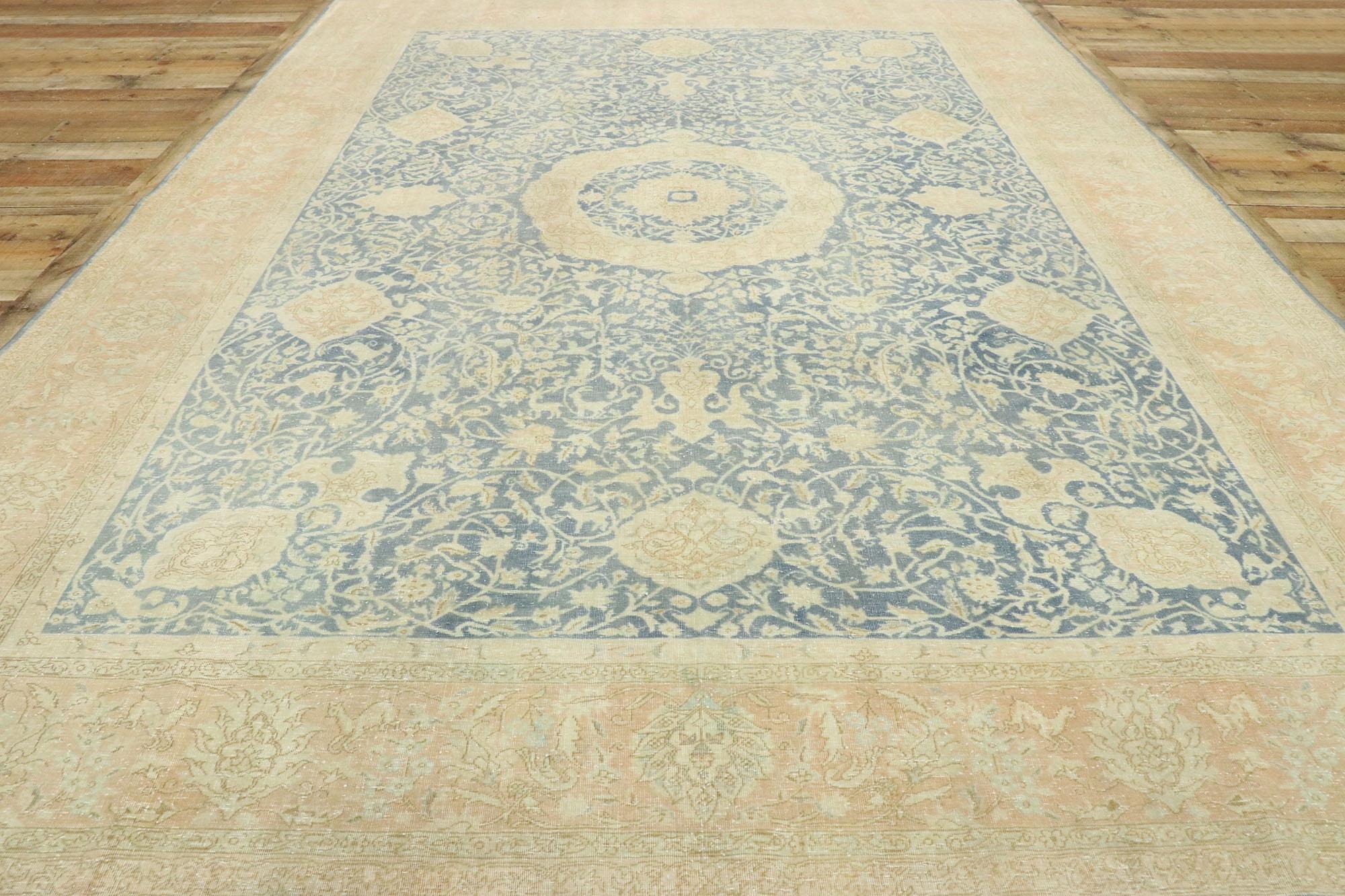 Distressed Antique Persian Tabriz Rug with English Chintz Style For Sale 2