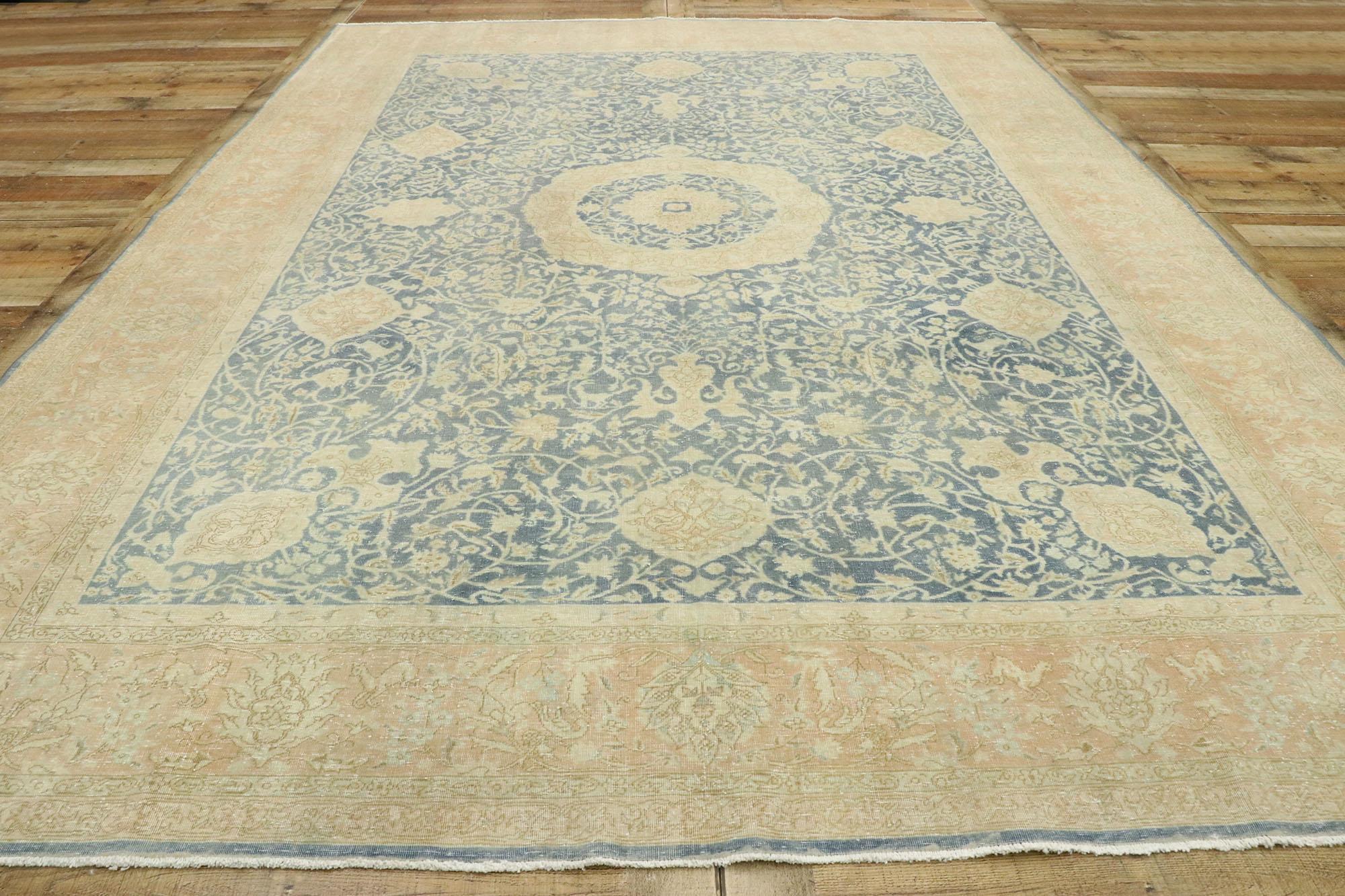 Distressed Antique Persian Tabriz Rug with English Chintz Style For Sale 3