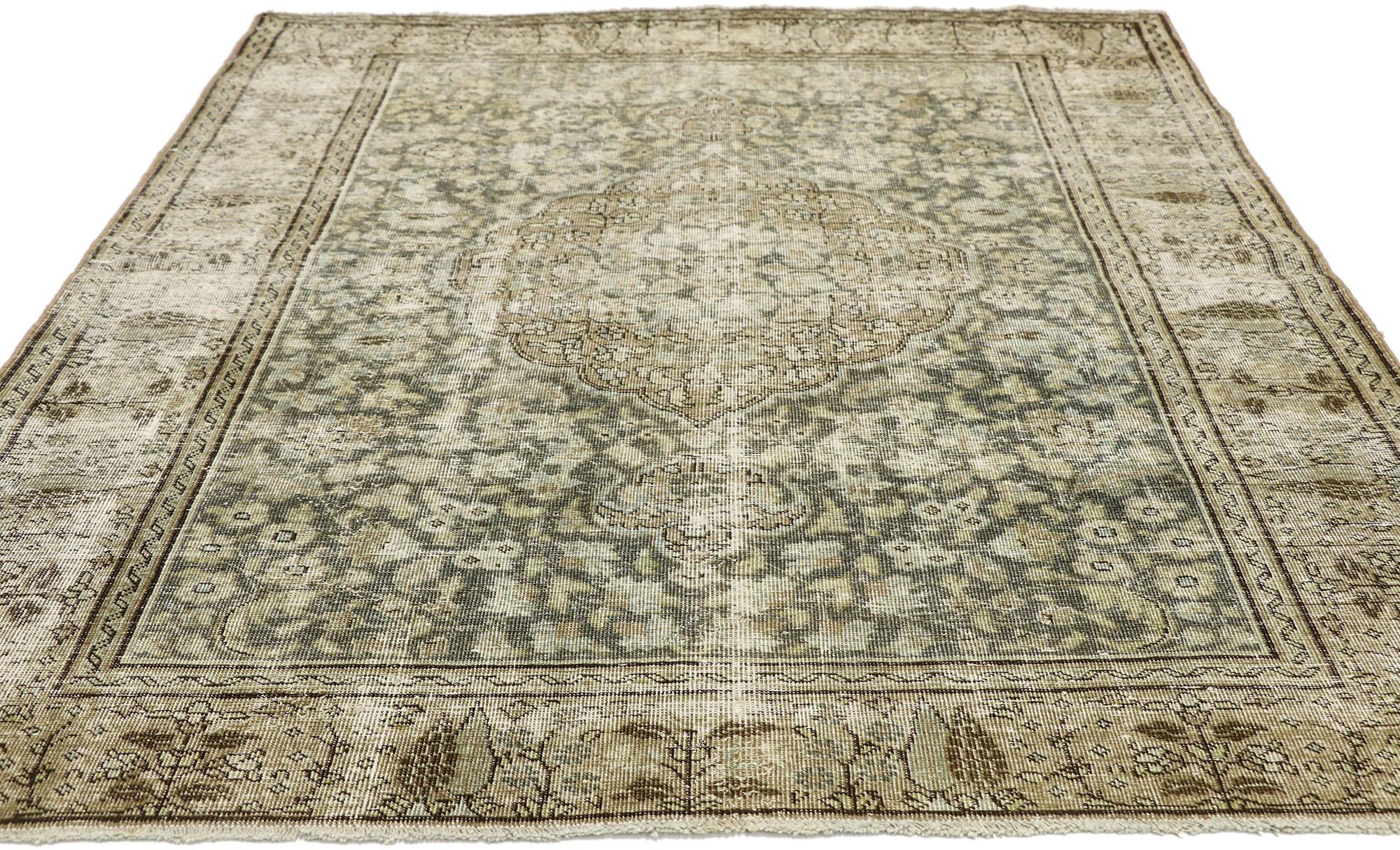 Hand-Knotted Distressed Antique Persian Tabriz Rug with Modern Industrial Style For Sale
