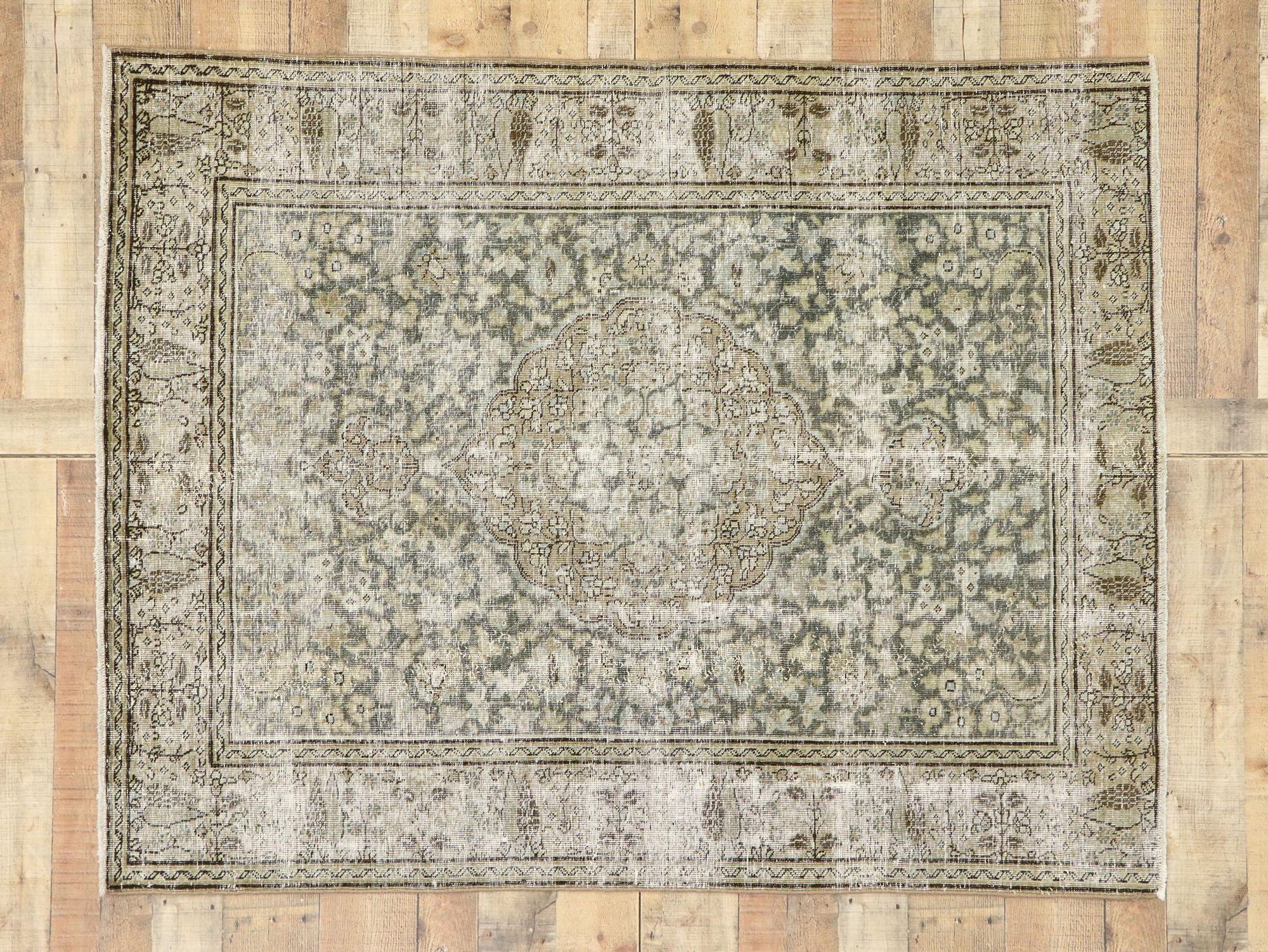 Wool Distressed Antique Persian Tabriz Rug with Modern Industrial Style For Sale