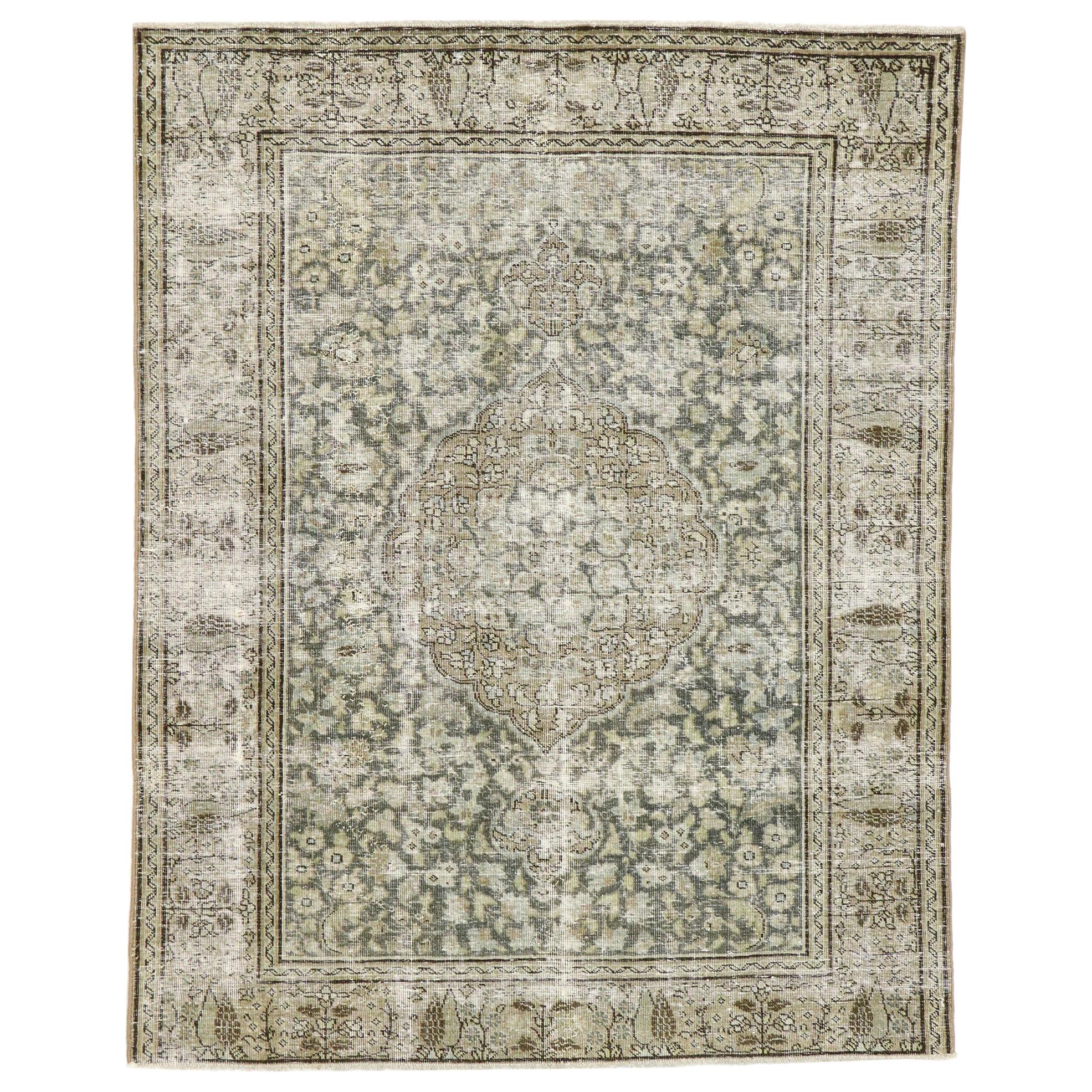 Distressed Antique Persian Tabriz Rug with Modern Industrial Style For Sale