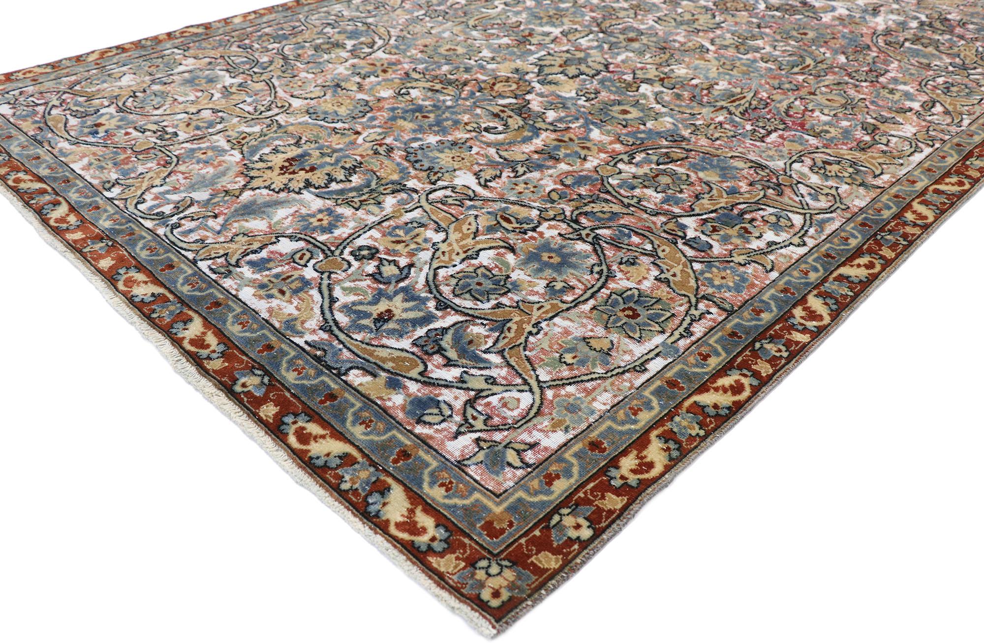 60824, distressed antique Persian Tabriz rug with Modern Rustic English style. Cleverly composed and distinctively well-balanced, this hand knotted wool distressed antique Persian Tabriz rug will take on a curated lived-in look that feels timeless