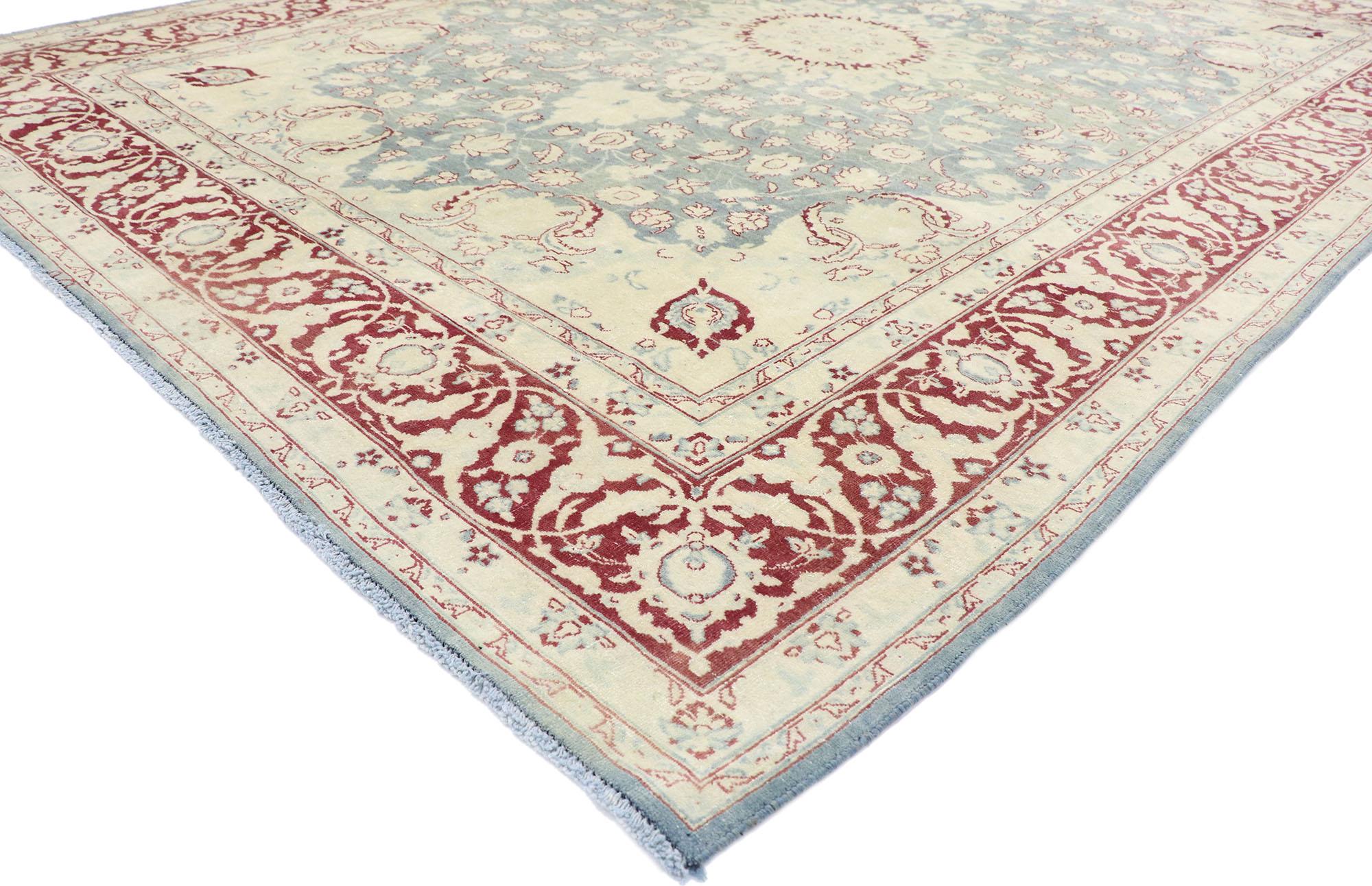 60874 Distressed Antique Persian Tabriz rug with Modern Rustic English style 07'11 x 10'09. With ornate details and a lovingly time-worn composition, this hand knotted wool distressed antique Persian Tabriz rug is poised to impress. Taking center