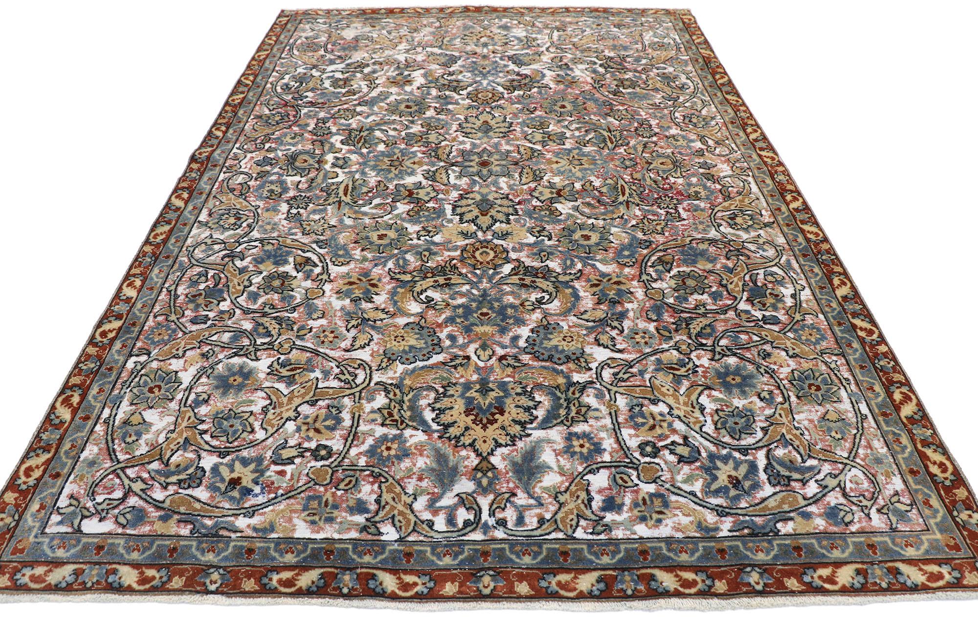 Hand-Knotted Distressed Antique Persian Tabriz Rug with Modern Rustic English Style For Sale