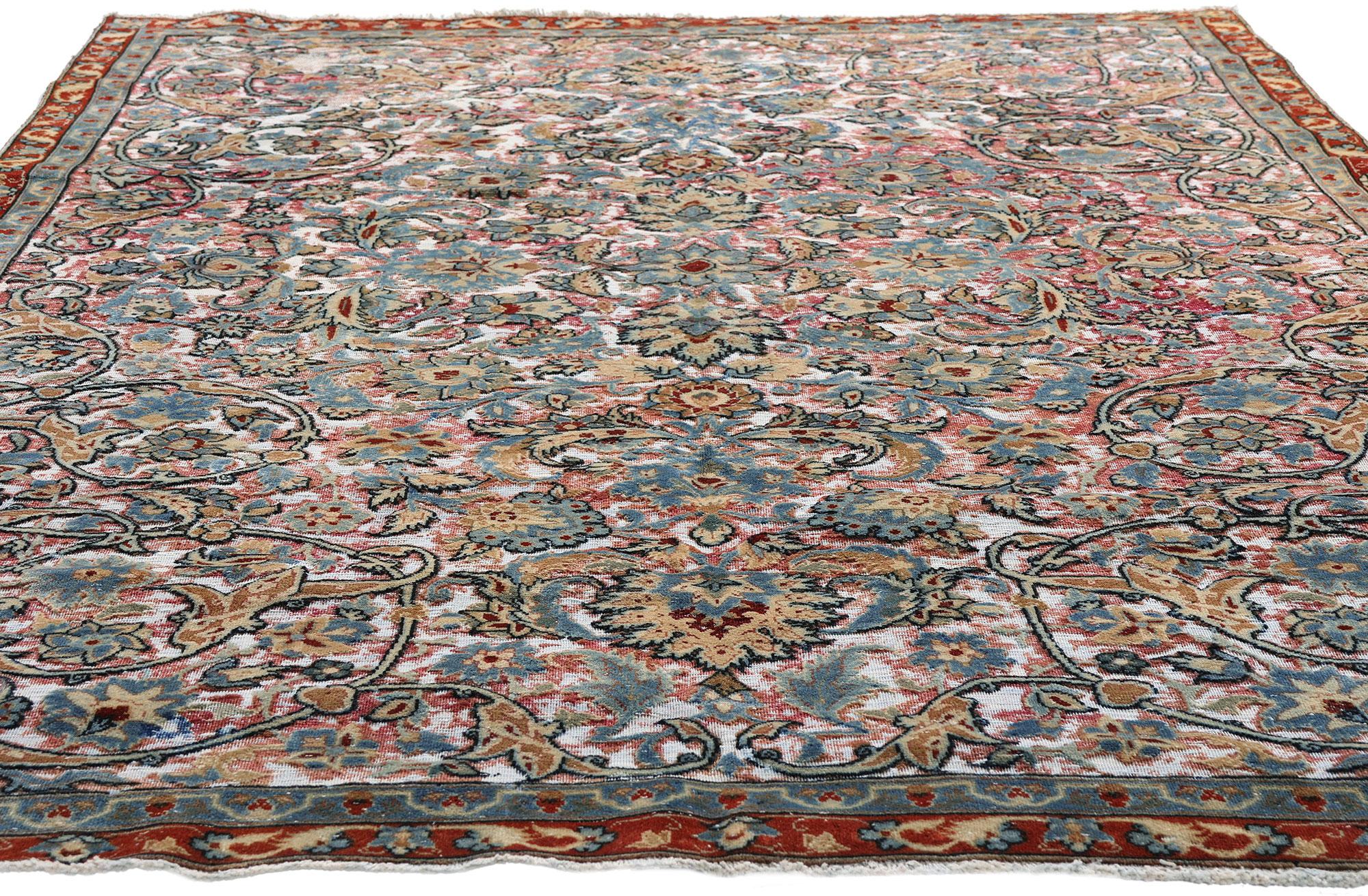 Hand-Knotted Distressed Antique Persian Textured Tabriz Rug with Modern Style For Sale