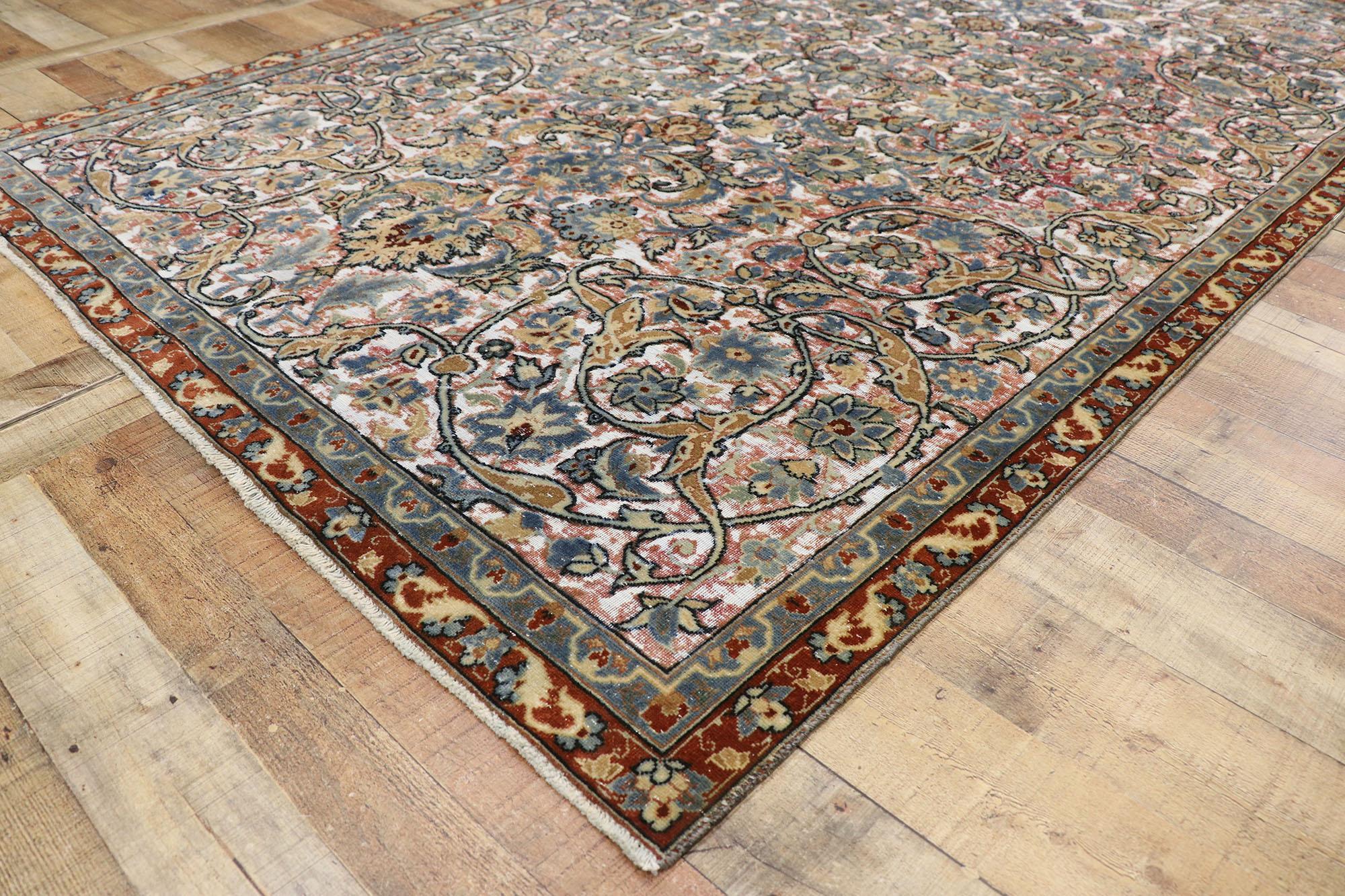 Wool Distressed Antique Persian Tabriz Rug with Modern Rustic English Style For Sale