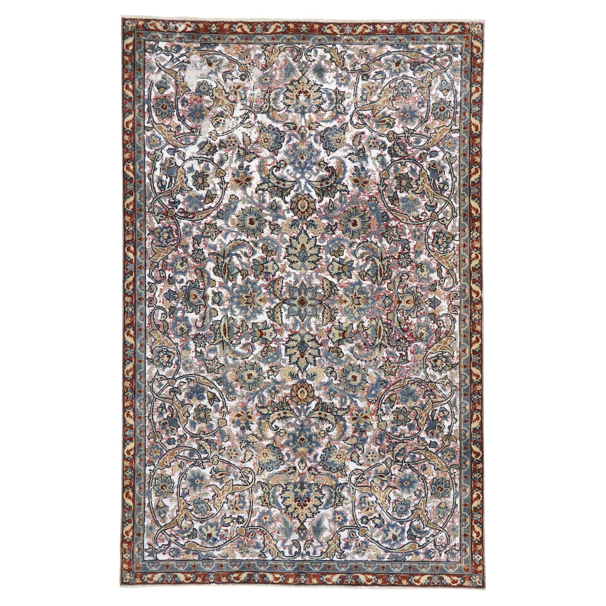 Distressed Antique Persian Tabriz Rug with Modern Rustic English Style For Sale
