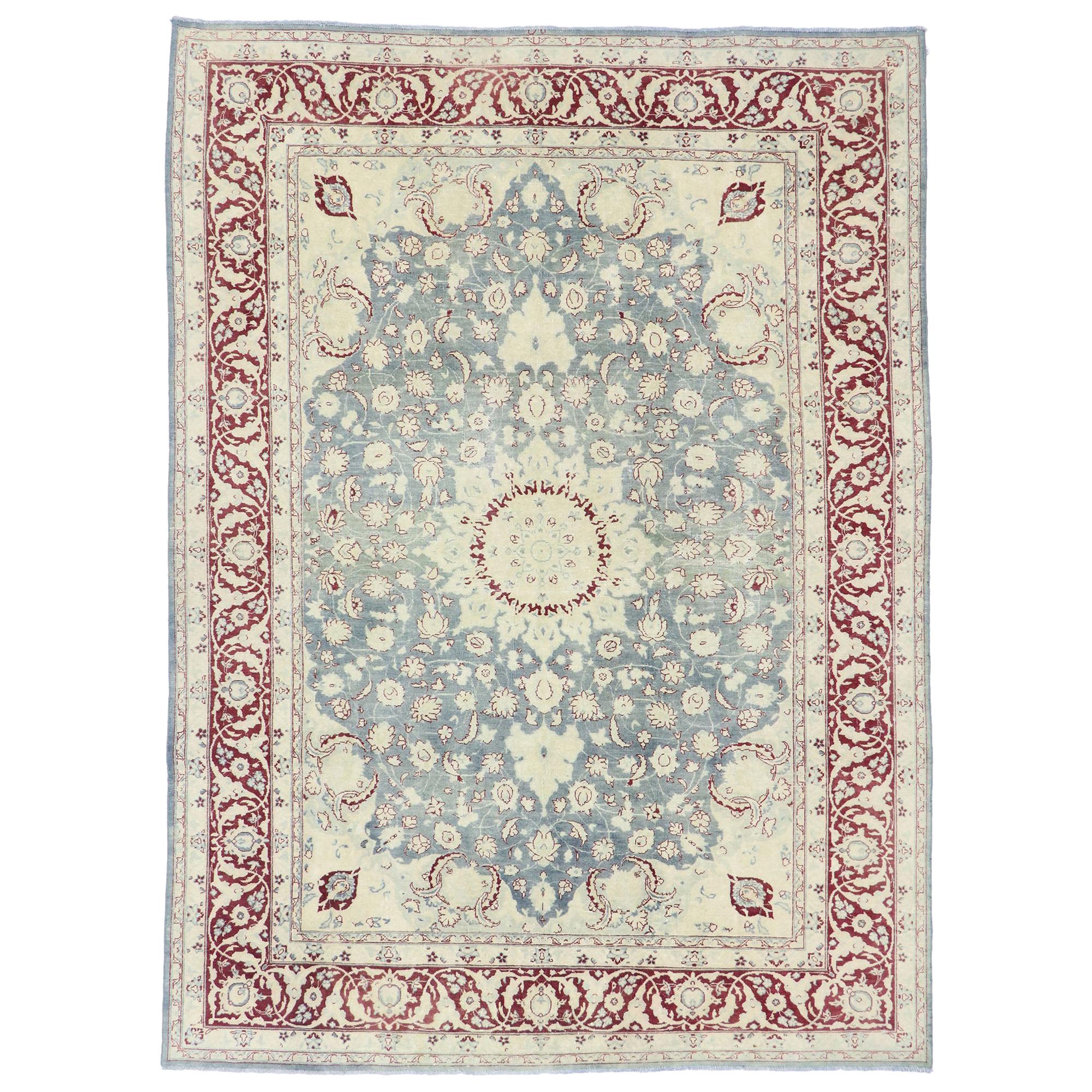 Distressed Antique Persian Tabriz Rug with Modern Rustic English Style