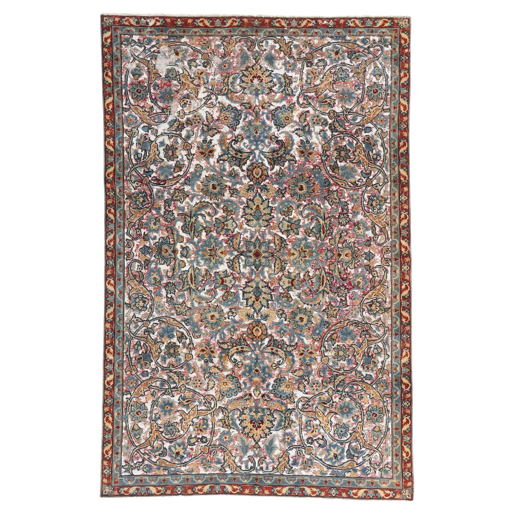 Distressed Antique Persian Textured Tabriz Rug with Modern Style For Sale