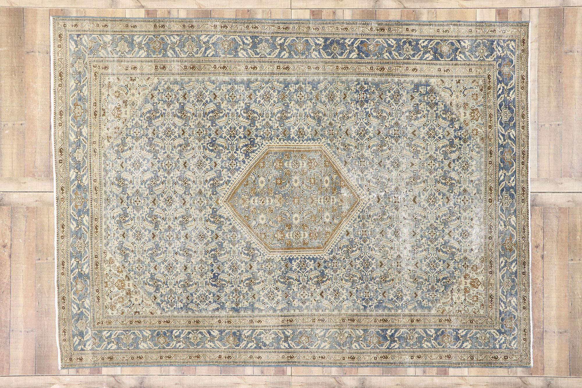 Distressed Antique Persian Tabriz Rug with Rustic Coastal Style For Sale 1