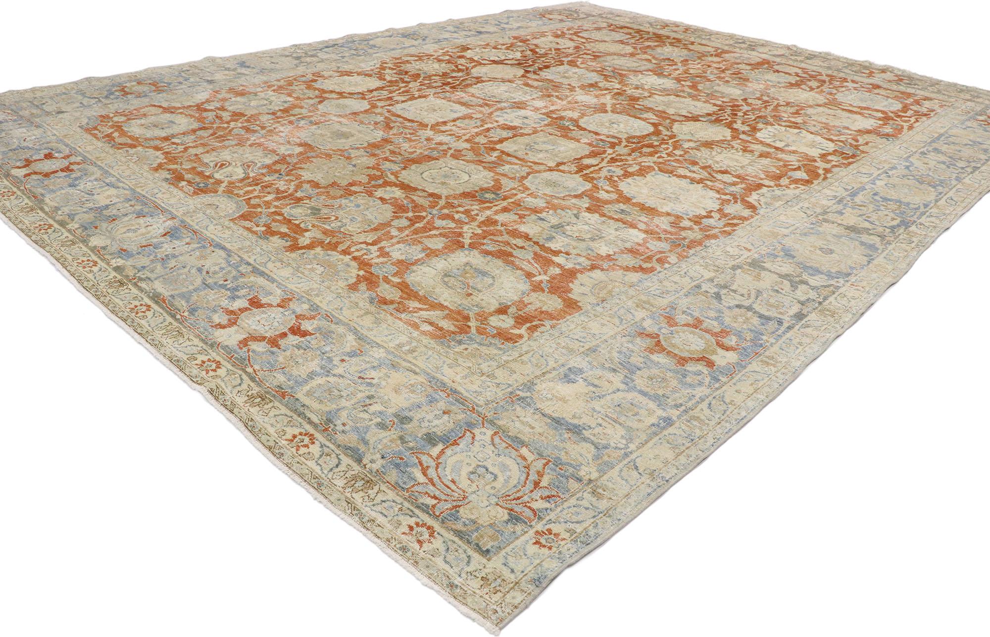 53272, distressed antique Persian Tabriz rug with Rustic Colonial style. With ornate details and a lovingly time-worn composition, this hand knotted wool distressed antique Persian Tabriz rug is poised to impress. The weathered field is covered in
